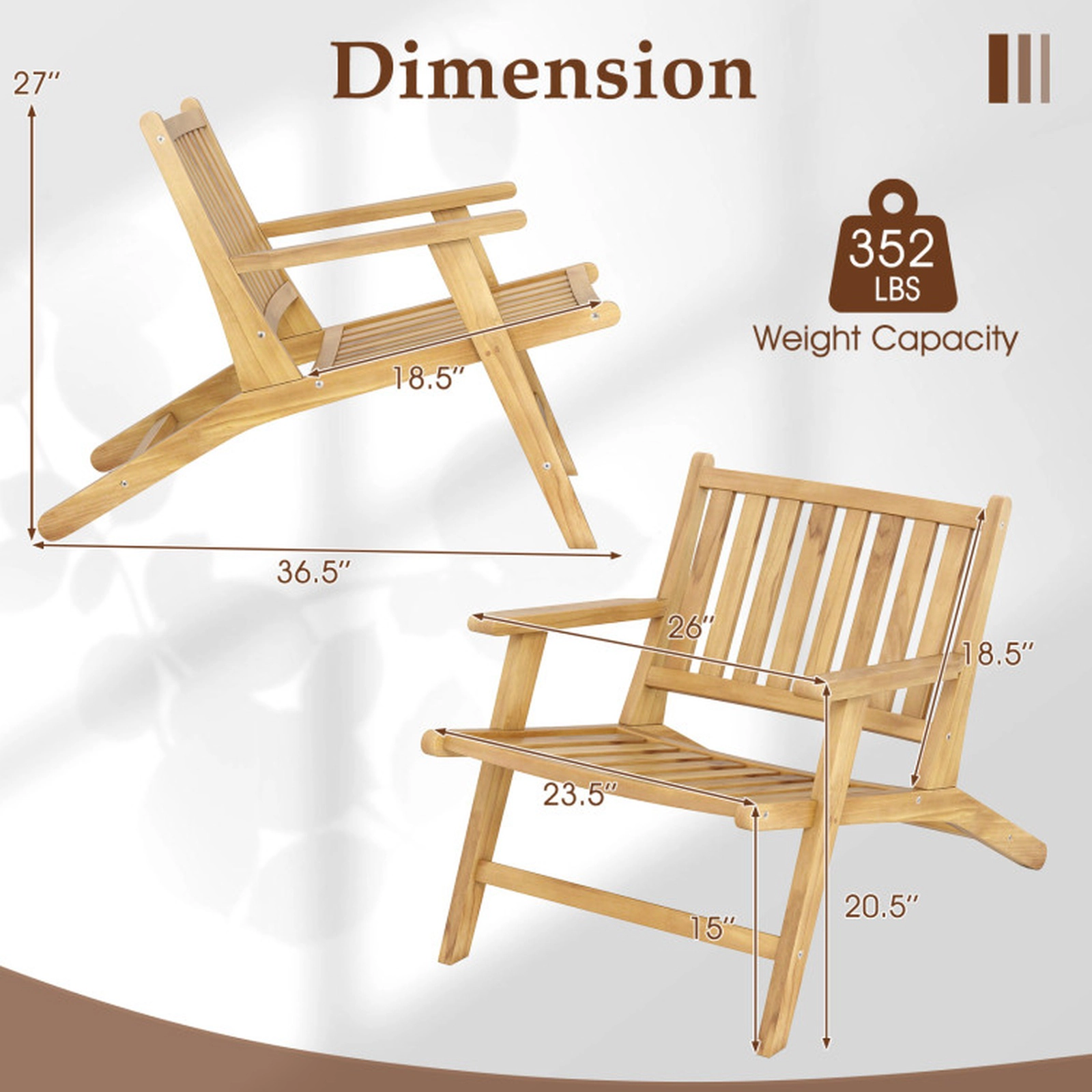 SUGIFT Natural Teak Wood Outdoor Reclining Chair, Angled Backrest, Wide Armrests, 352 lb Capacity