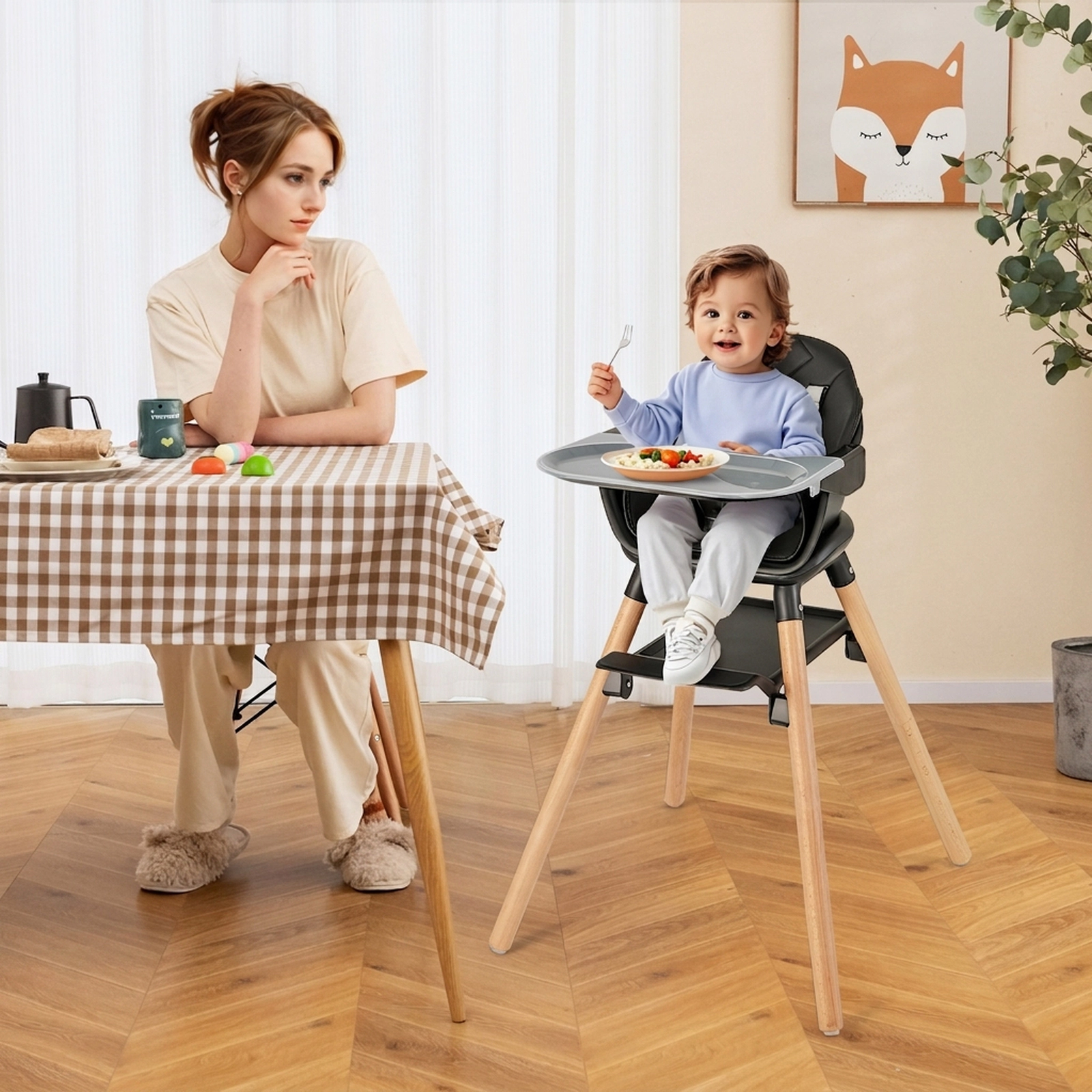 6-in-1 Baby High Chair Booster Seat and Toddler Table and Chair Set with 5-Point Safety Harness and Waterproof Cushion