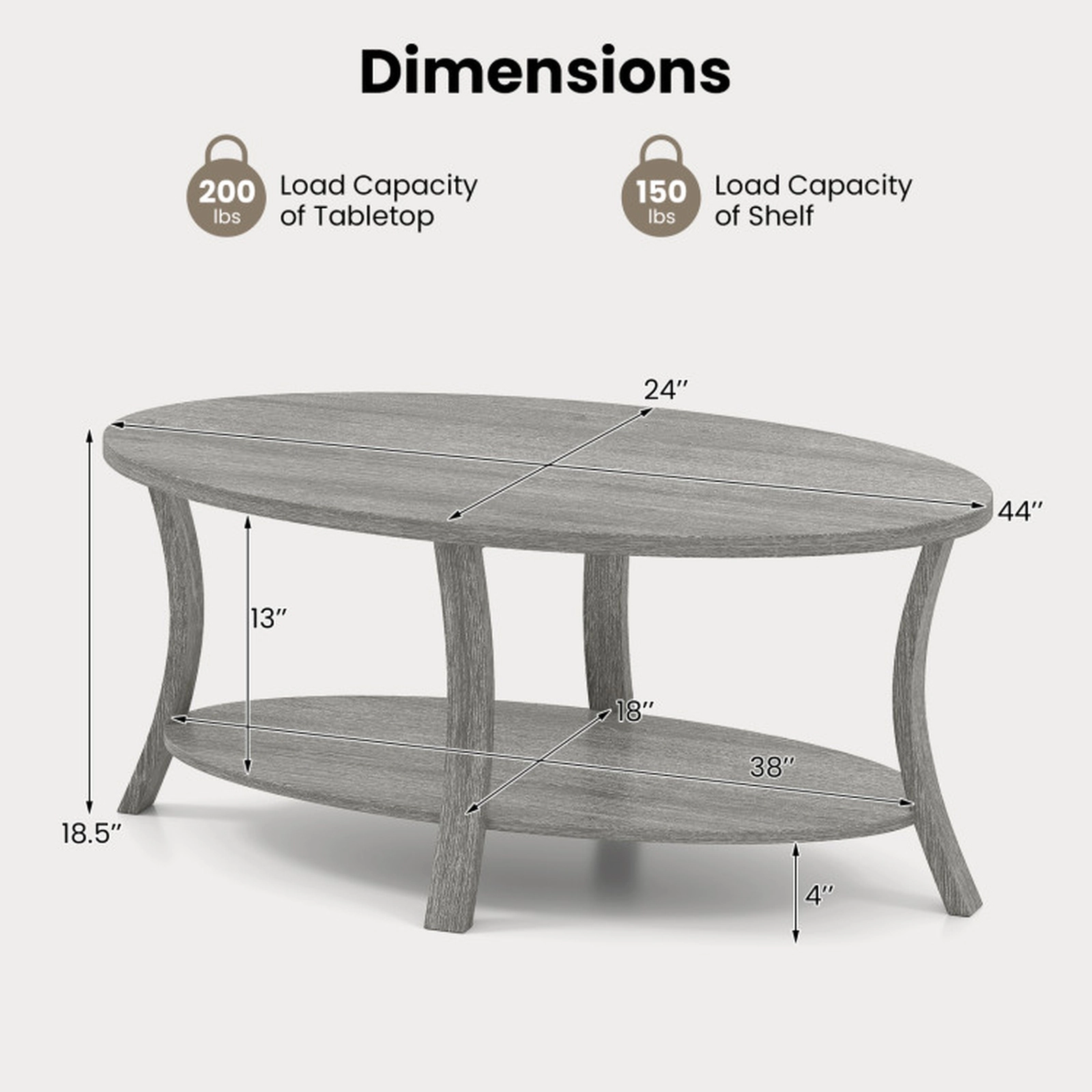 SUGIFT 44-in Oval 2-Tier 200-lb Capacity Gray Rubber Wood Coffee Table with Open Storage Shelf and Splayed Legs