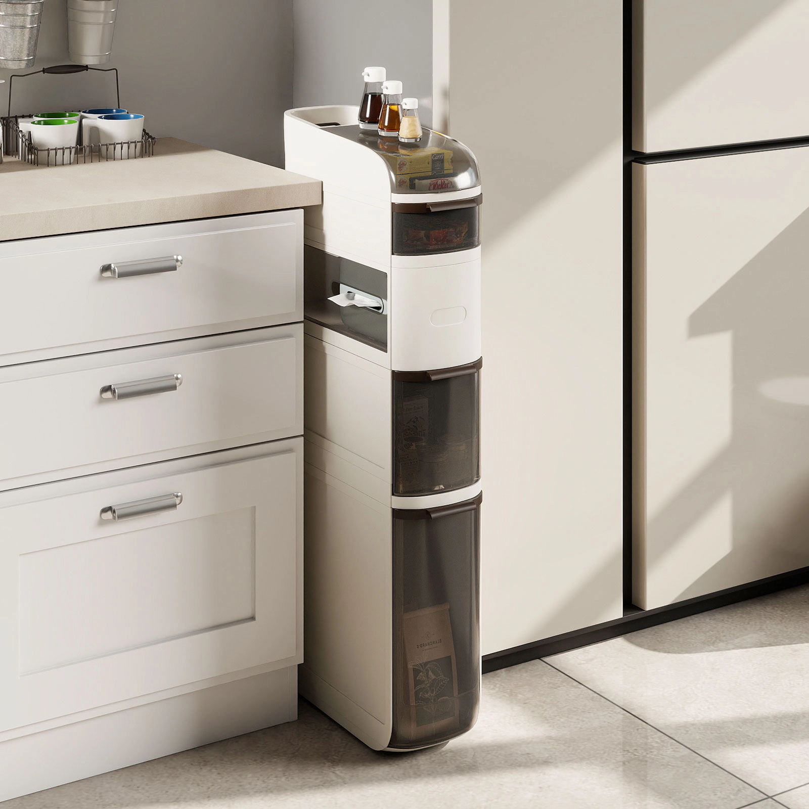 SUGIFT 5-Tier See-Through Drawers Tissue Box Narrow Bathroom Storage Cabinet 17-in x 7-in x 38.5-in 22-lb Top White