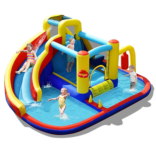 LJG Kids 7-in-1 Inflatable Water Slide Bounce Castle with Splash Pool and Climbing Wall without Blower