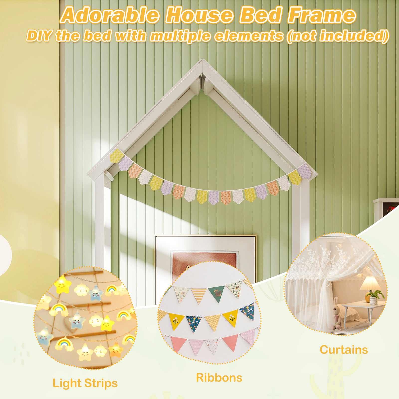 SUGIFT Twin Size House Floor Bed with House Shape Roof and Semi-Fence Toddler Bed White