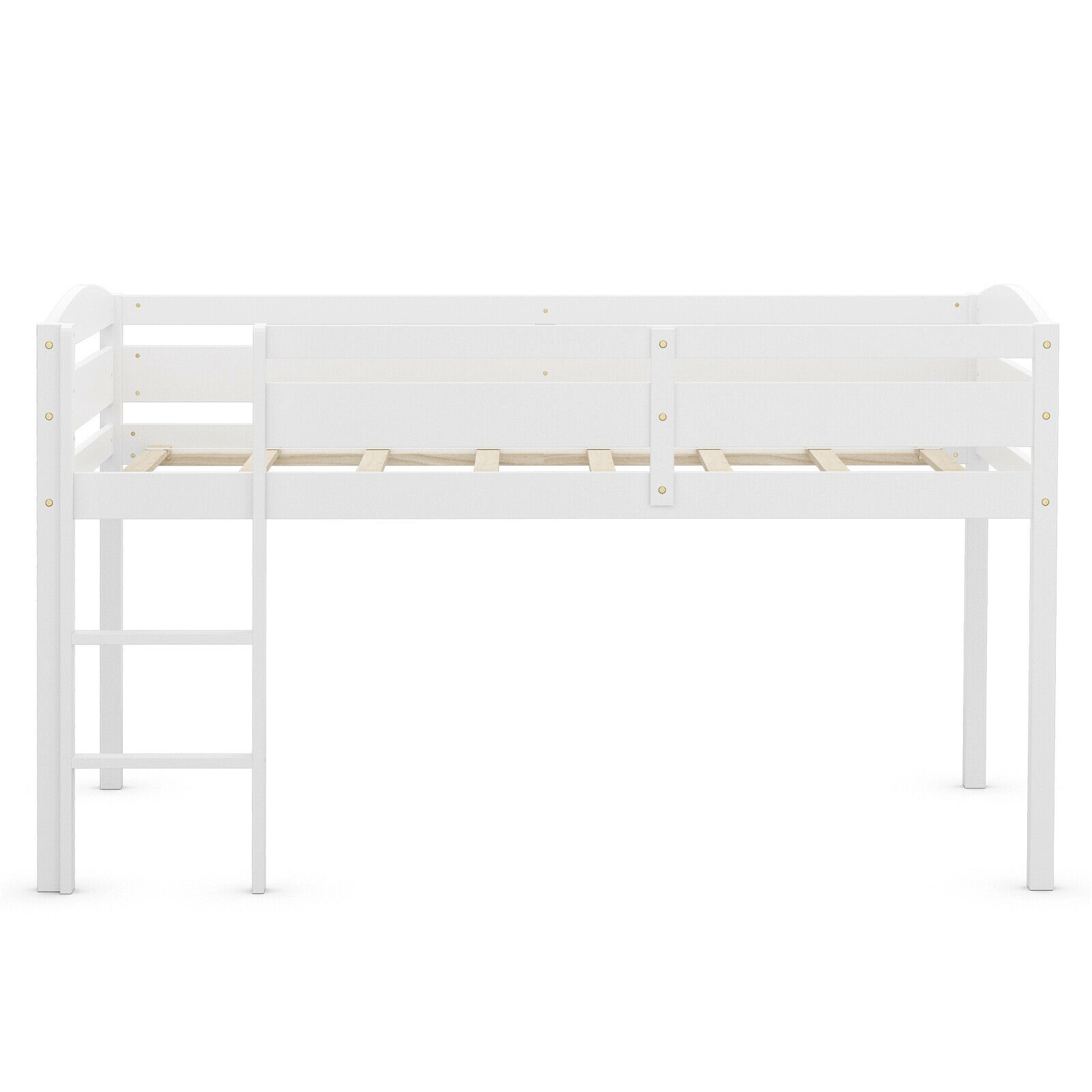 SUGIFT Wooden Twin Low Loft Bunk Bed with Guard Rail and Ladder 350-lb Capacity Twin Size White Dark Brown