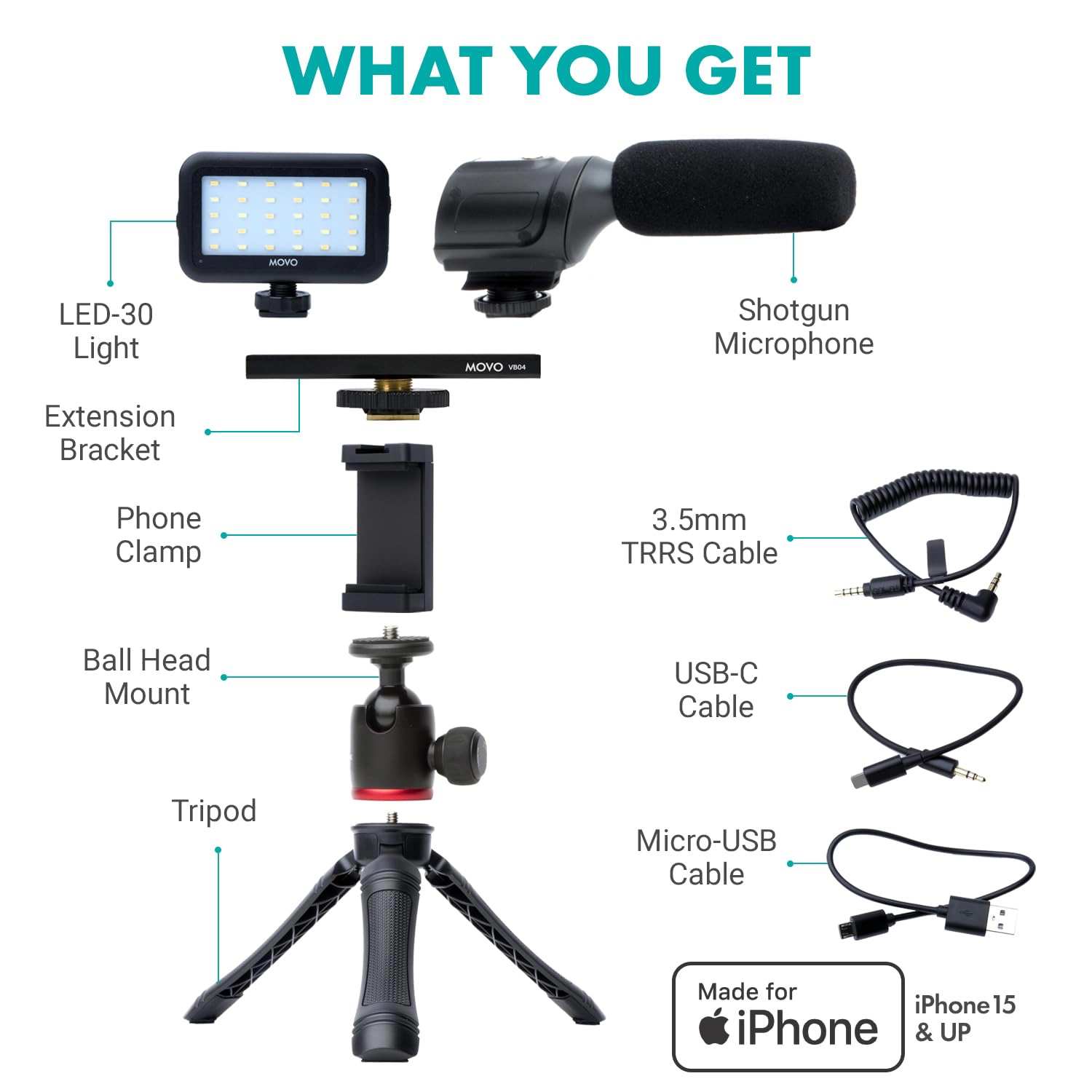 Movo USB-C Vlogging Kit for iPhone 15/16 - Phone Video Kit Accessories: Phone Tripod, Phone Mount, LED Light