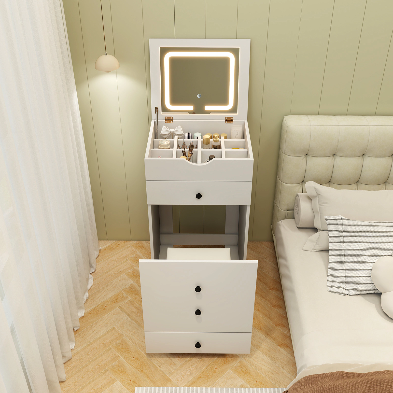 SUGIFT White 3-in-1 Vanity Set with Lighted Flip-Up Mirror, Stool and Locking Casters