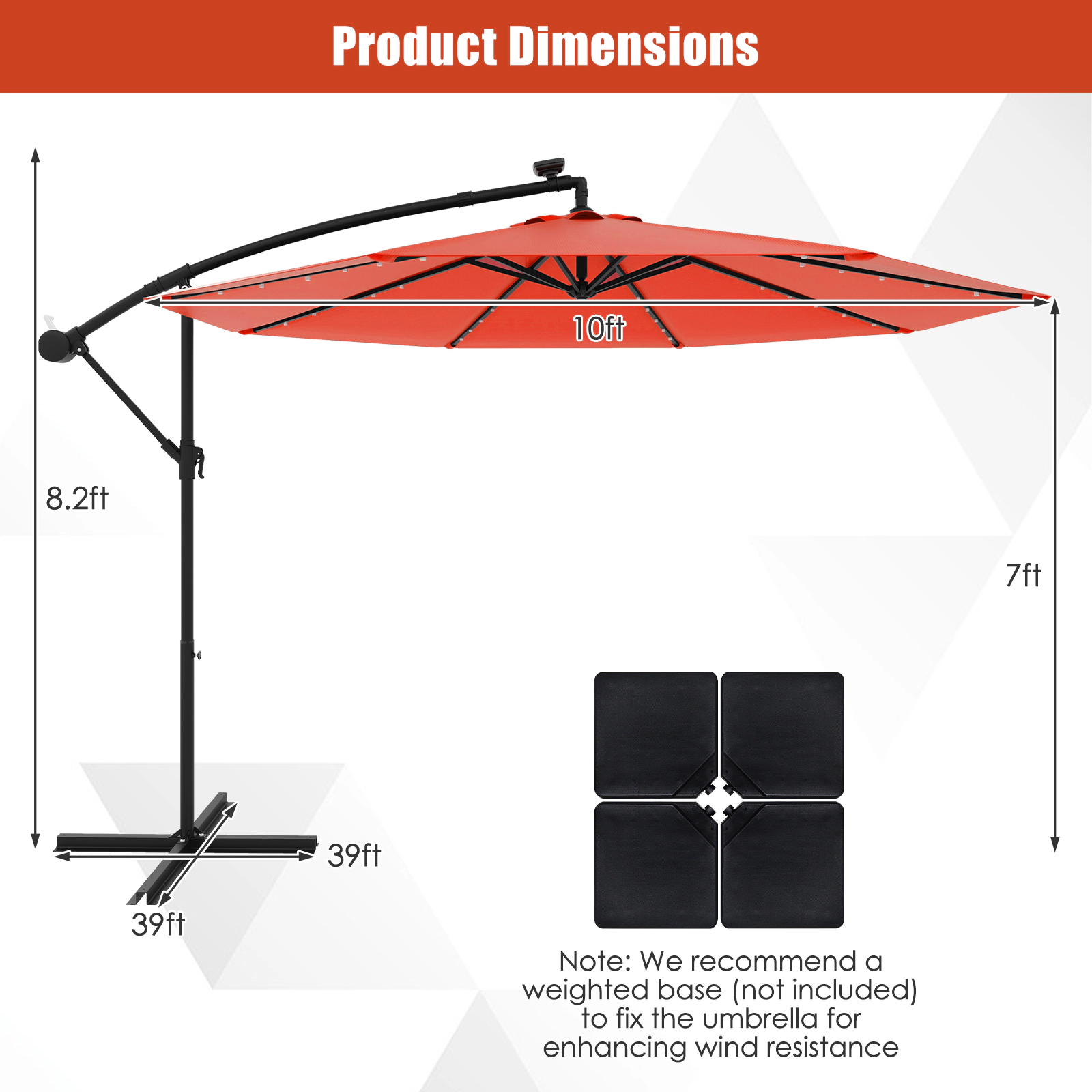 SUGIFT 10-ft Orange Solar LED Offset Patio Umbrella, 40 Lights, Manual Tilt, Crank Lift, Cross Base