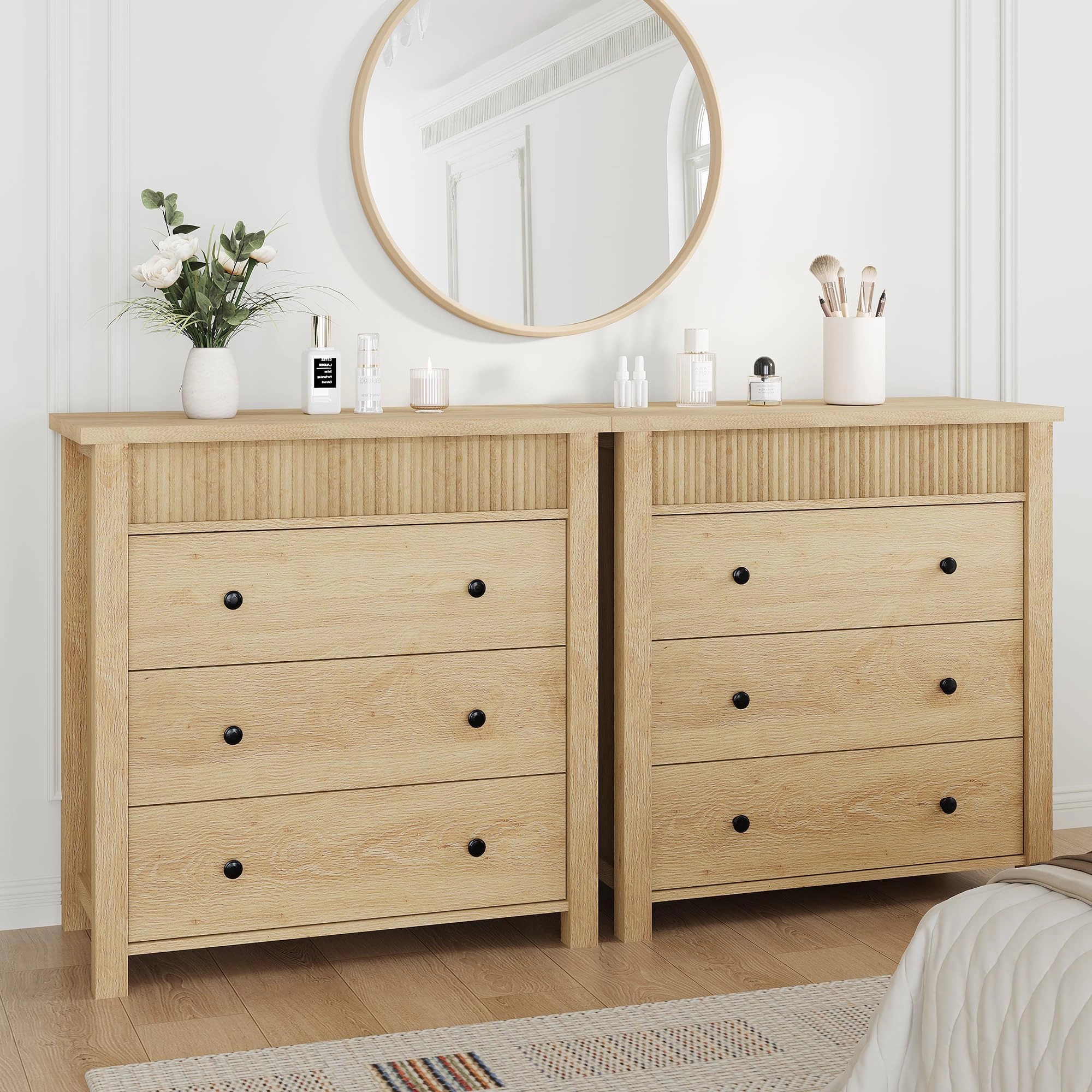 Modern Fluted 3 Drawer Nightstand, Wooden Storage Chest for Bedroom or Living Room