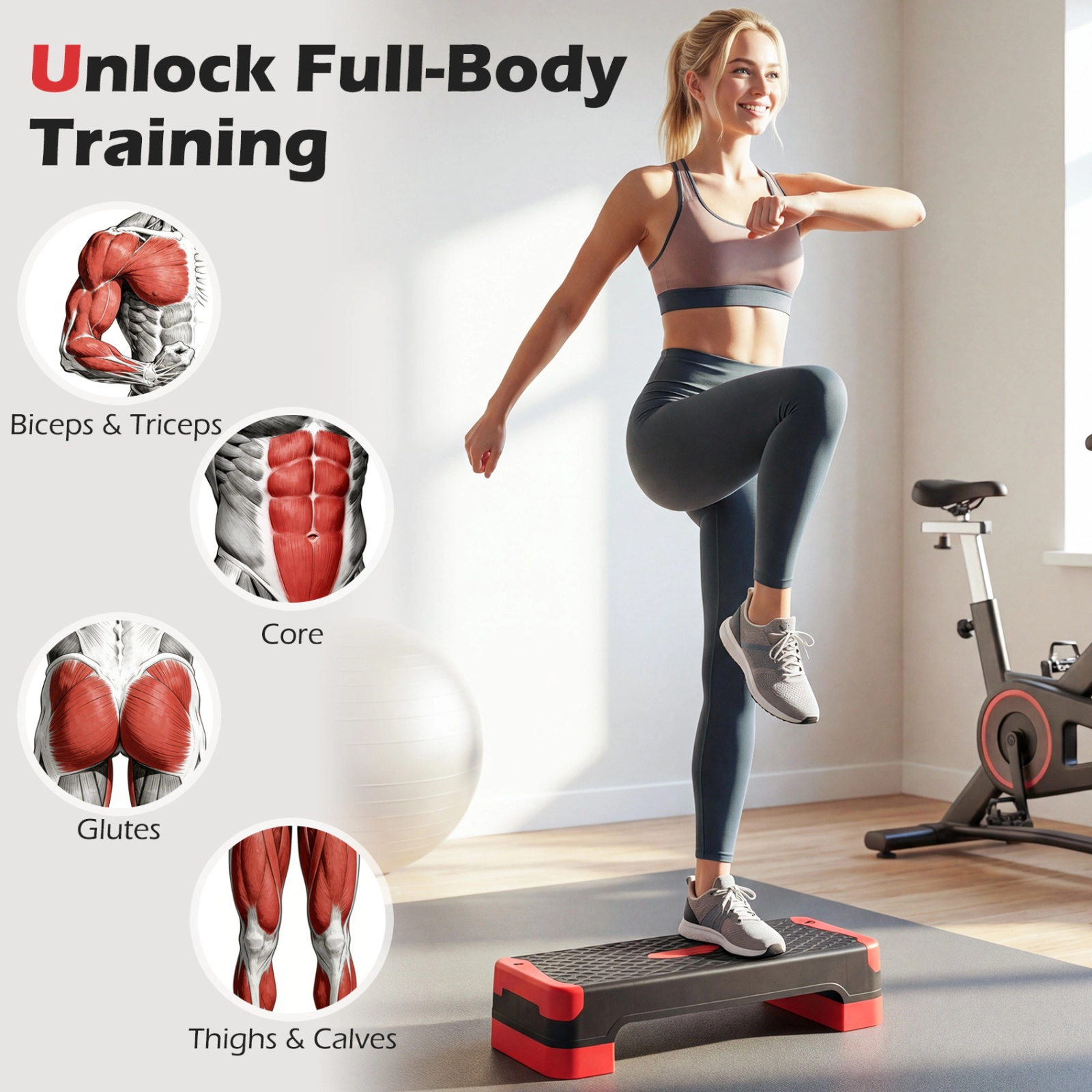 SUGIFT Red Aerobic Step Platform with 2 Risers and 2 Balance Trainers 27-in W 11-in D 4-in H 660-lb Step Capacity