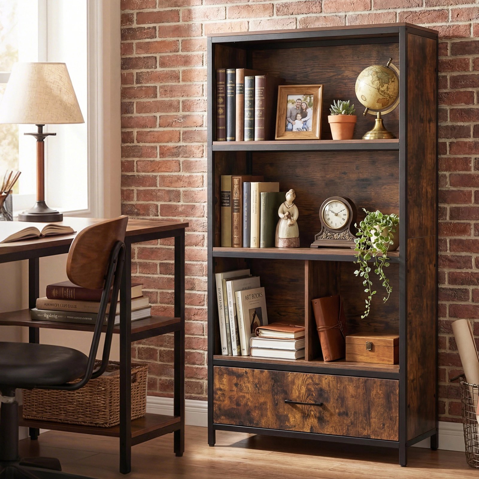 SUGIFT Rustic Brown Removable Fabric Drawer 56 in Freestanding Bookcase
