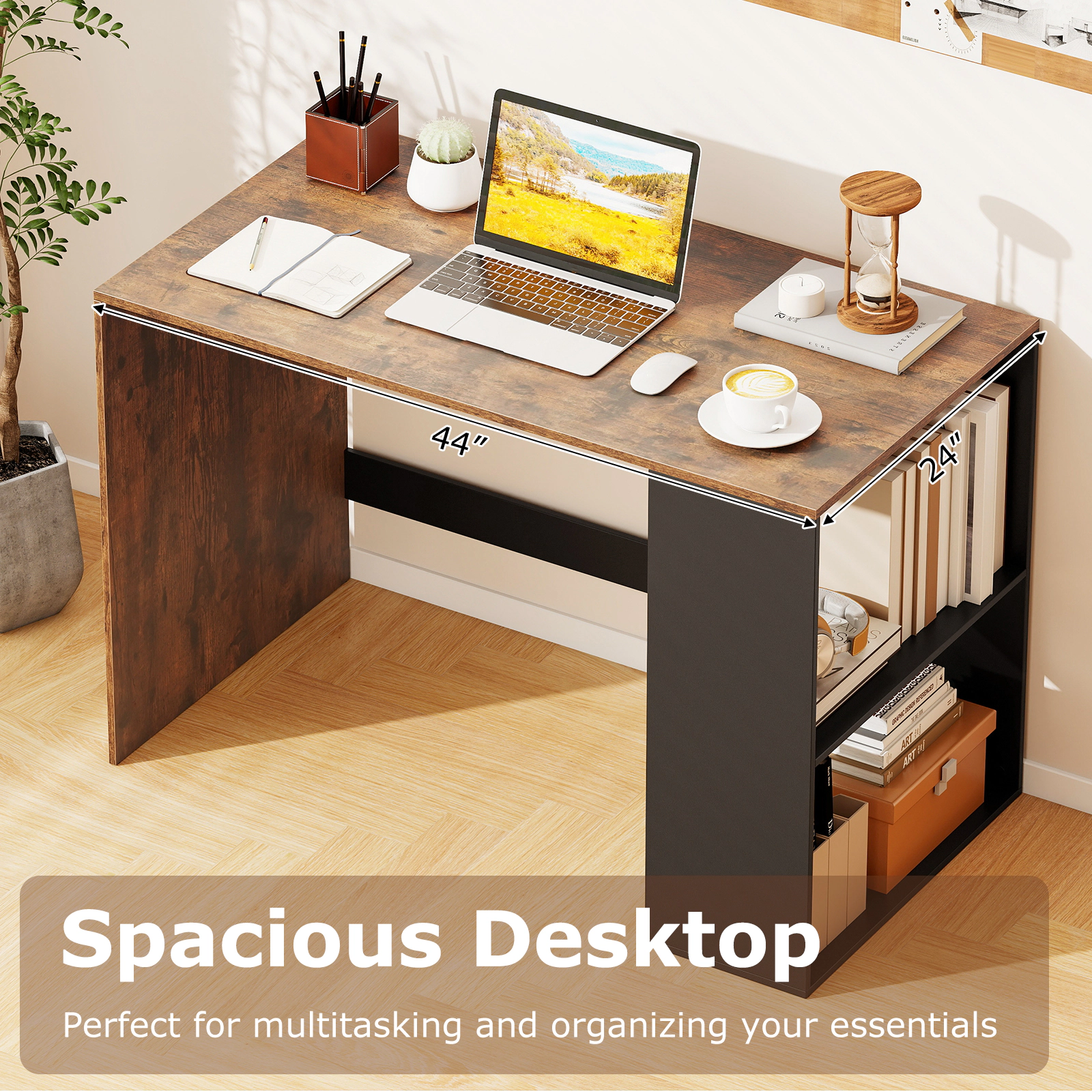 SUGIFT 44-In Computer Desk with 2-Tier Bookshelf 155-lb Tabletop Capacity Rustic Brown and Black