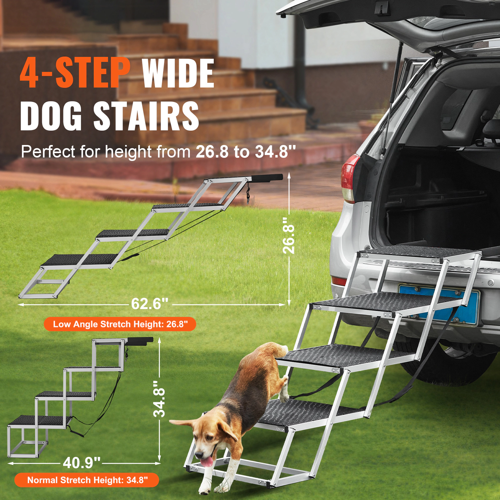 HONGGE 4-Step Wide Aluminum Dog Car Stairs, Adjustable 26.8-34.8 in Height, Folds Compact, Supports up to 250 lbs