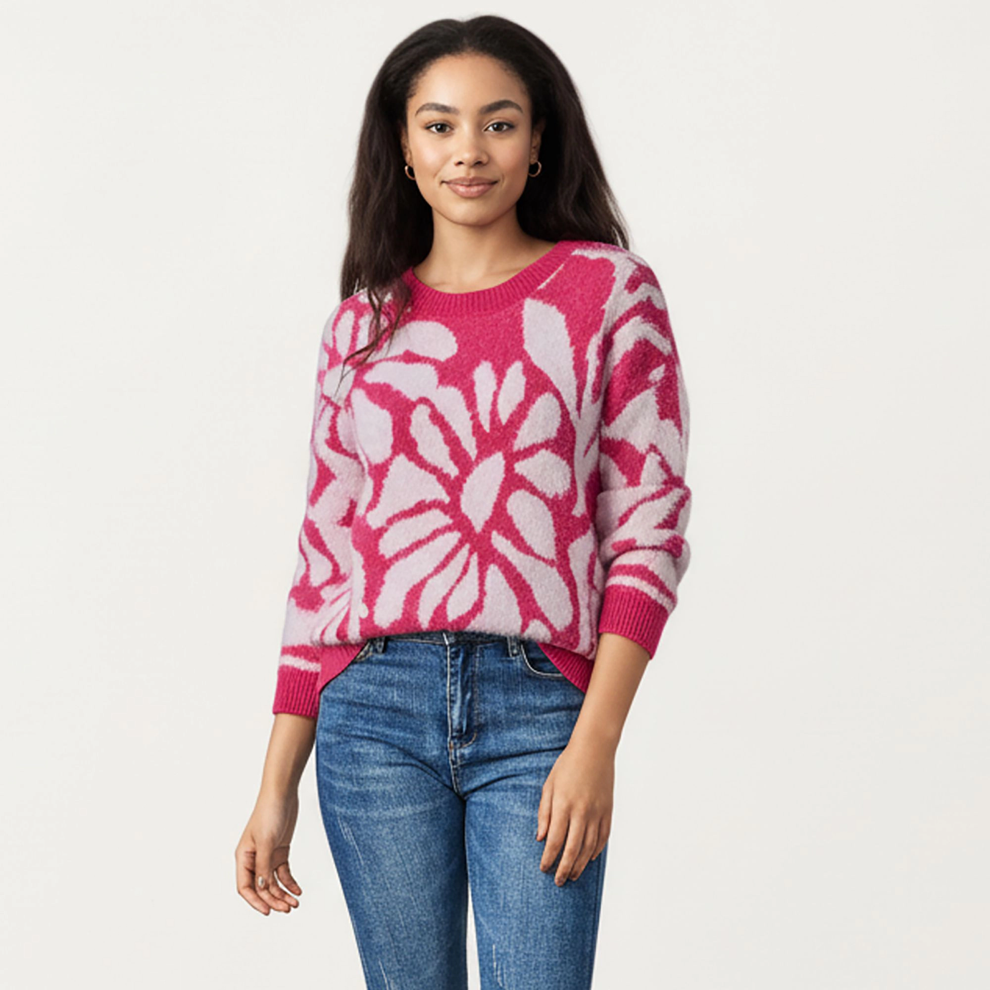Anna-Kaci Women's Bold Abstract Floral Pattern Knit Sweater with Soft Textured Feel Ribbed Crew Neckline