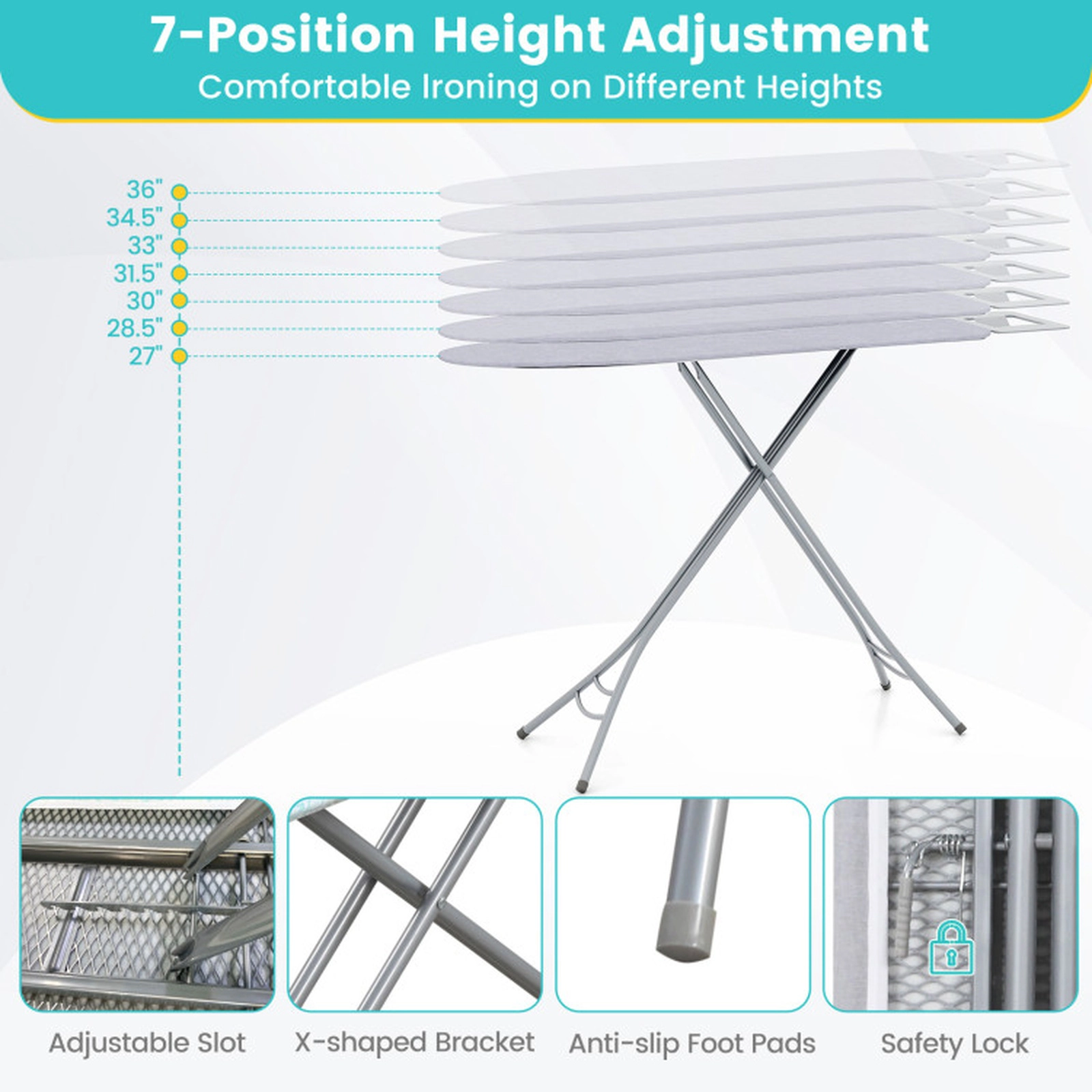 SUGIFT Gray Foldable Ironing Board, 7 Heights, 66 lb Capacity, Metal Iron Rest