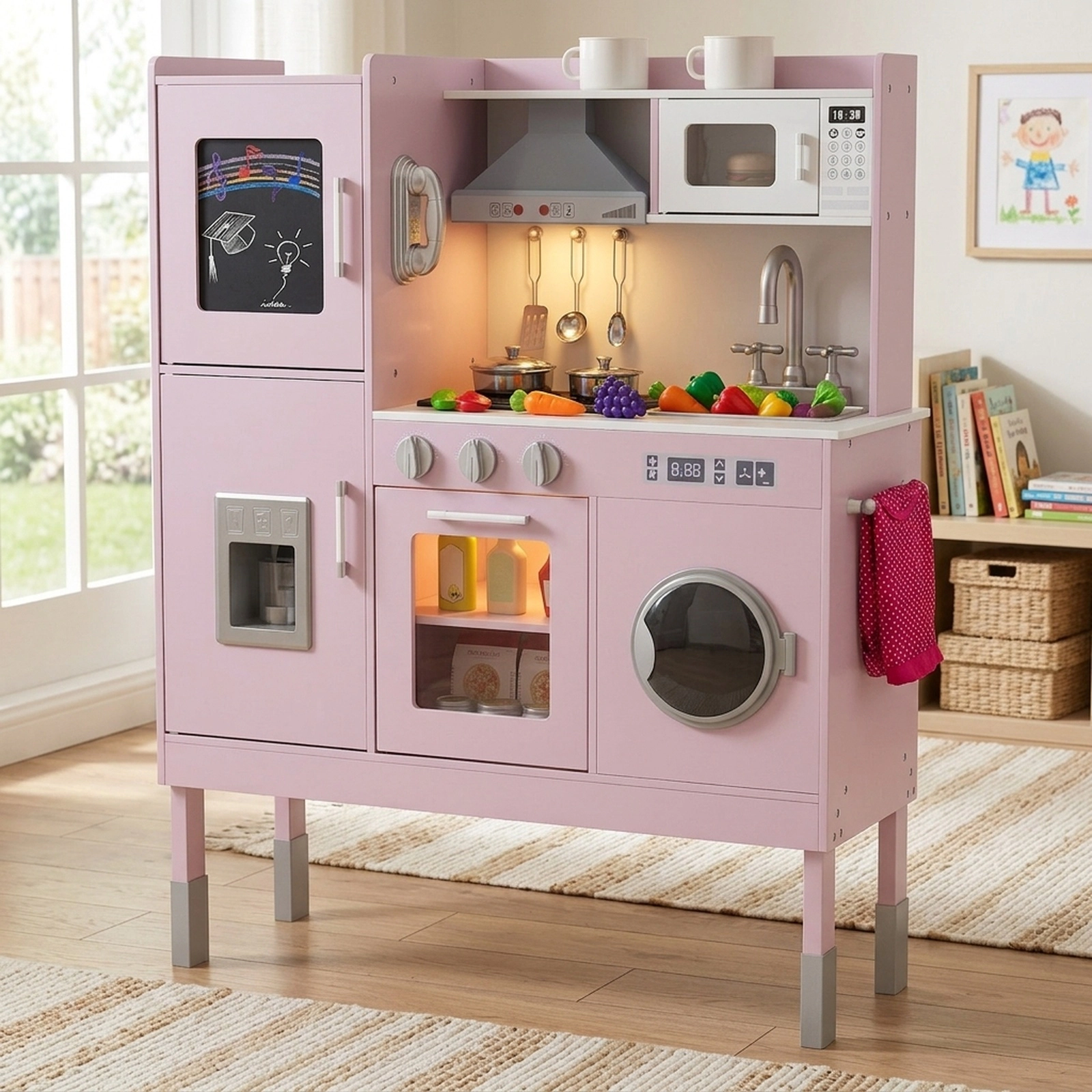 Pretend Play Kitchen 3-Position Adjustable Height Range Hood Ice Maker Telephone 32.5-in x 11.5-in x 40.5-in Pink