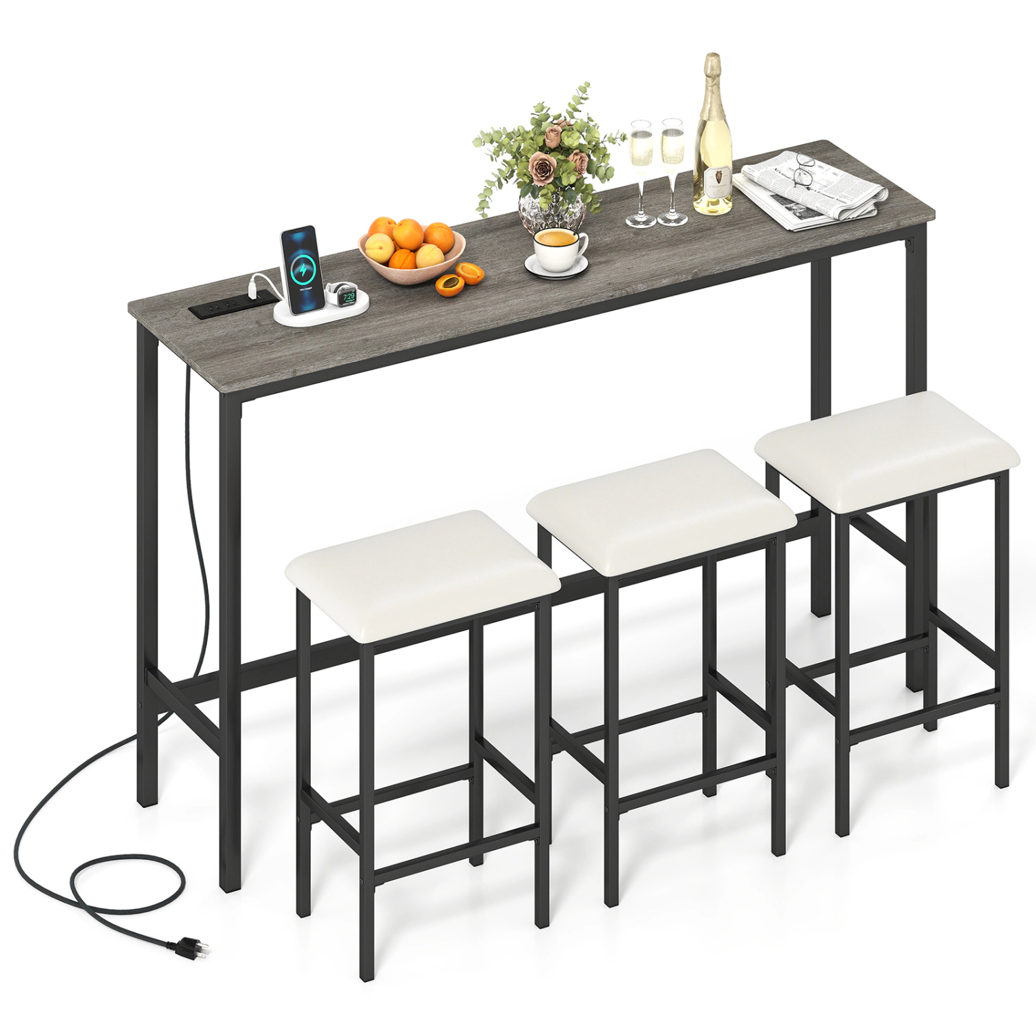 LJG 4 Pieces Counter Height Bar Table with Power Outlet with 3 Padded Stools