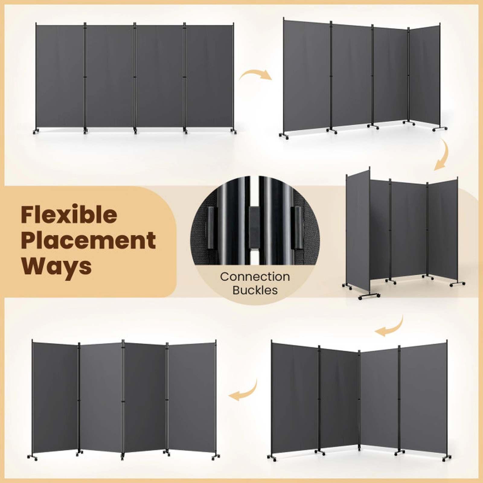 SUGIFT 4-Panel Non-See-Through Fabric Folding Privacy Screen Room Divider 137-in x 12-in x 71.5-in 22-lb Gray