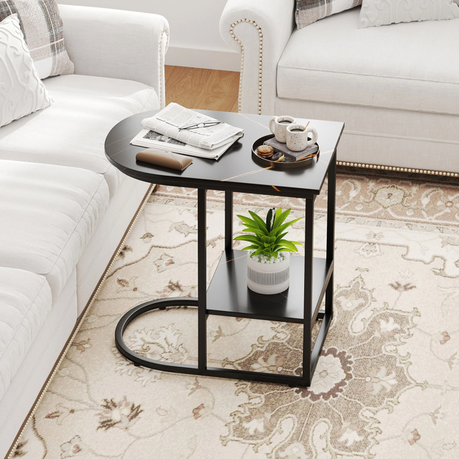 SUGIFT C-Shaped Modern Sofa Side Table Faux Marble Tabletop & Storage Shelf 66-lb Tabletop Capacity 22-lb Shelf Capacity