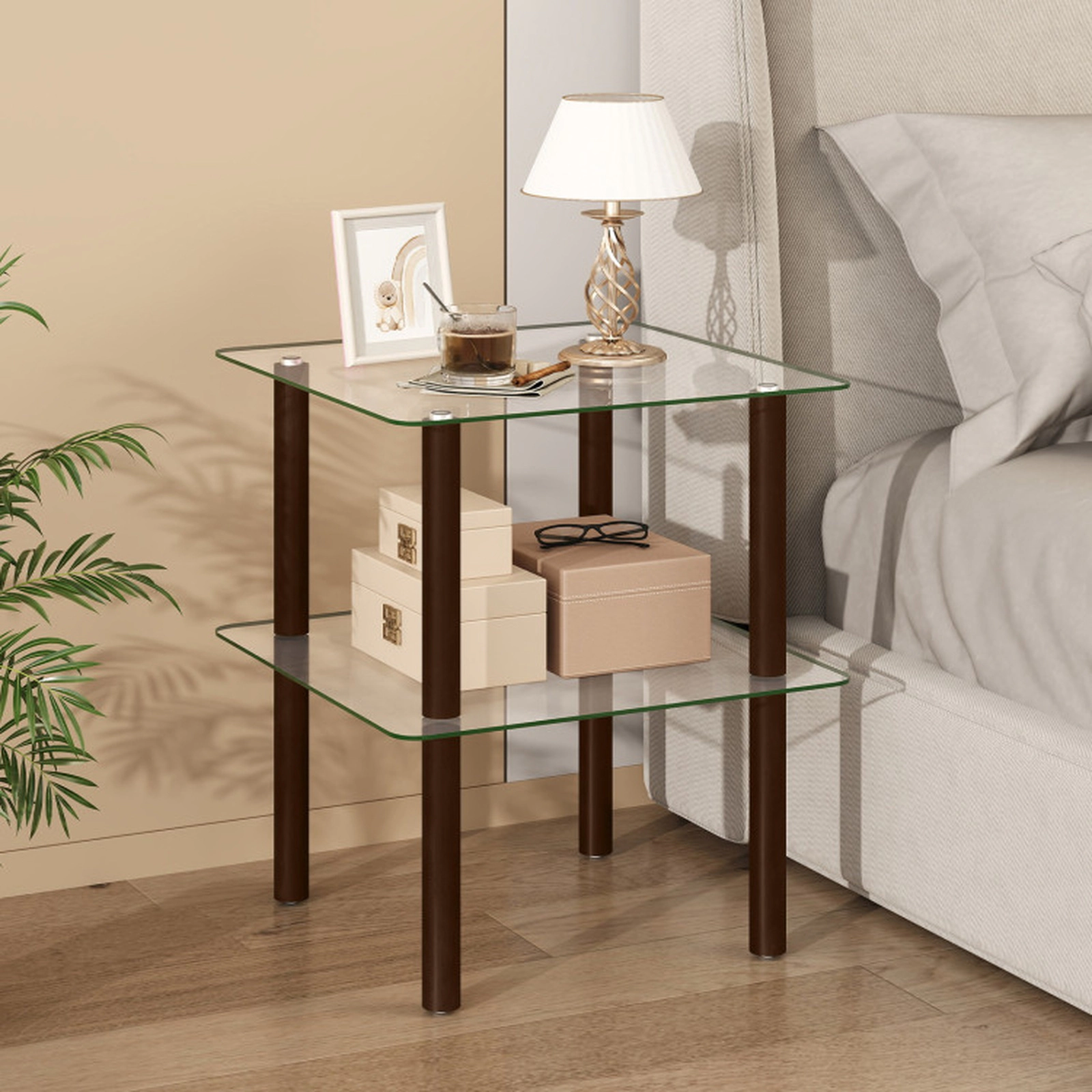 SUGIFT 2-Tier Square End Table with Shelf and Clear Tempered Glass Top 110-lb Capacity 21-in Square Frame Brown