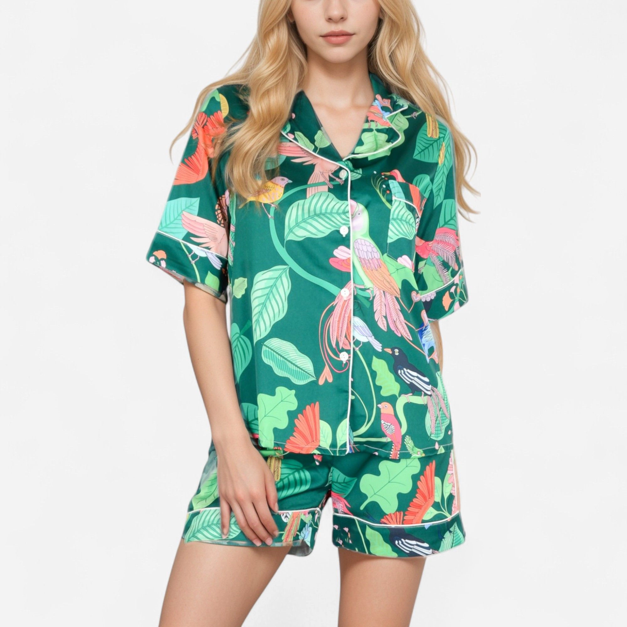 Anna-Kaci Women's Tropical Bird Print Satin Pajama Set Short Sleeve Button Up Top and Relaxed Fit Elastic Waist Shorts