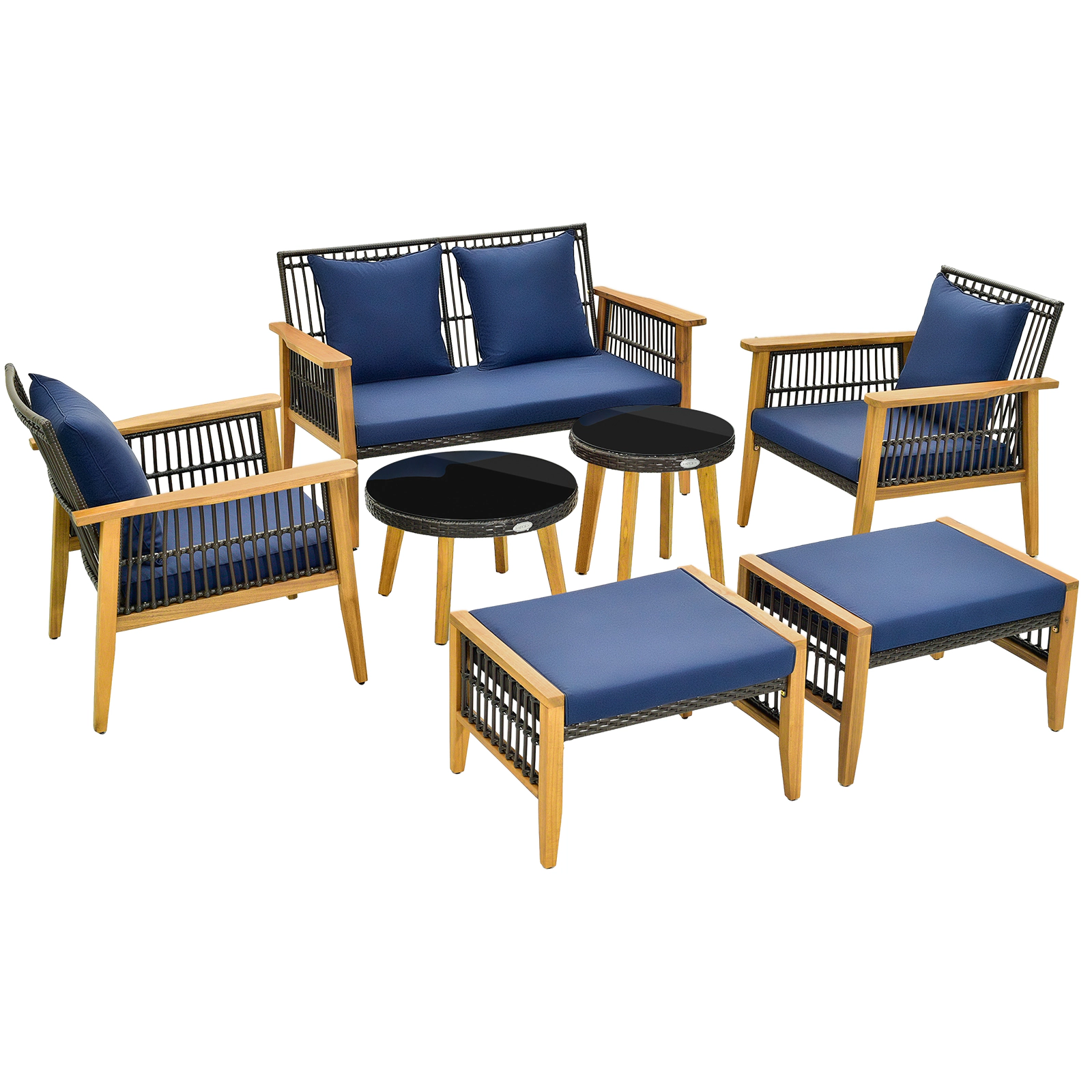 SUGIFT Navy Acacia Wood Frame Ottomans and 2 Tables 7-Piece Outdoor Conversation Set