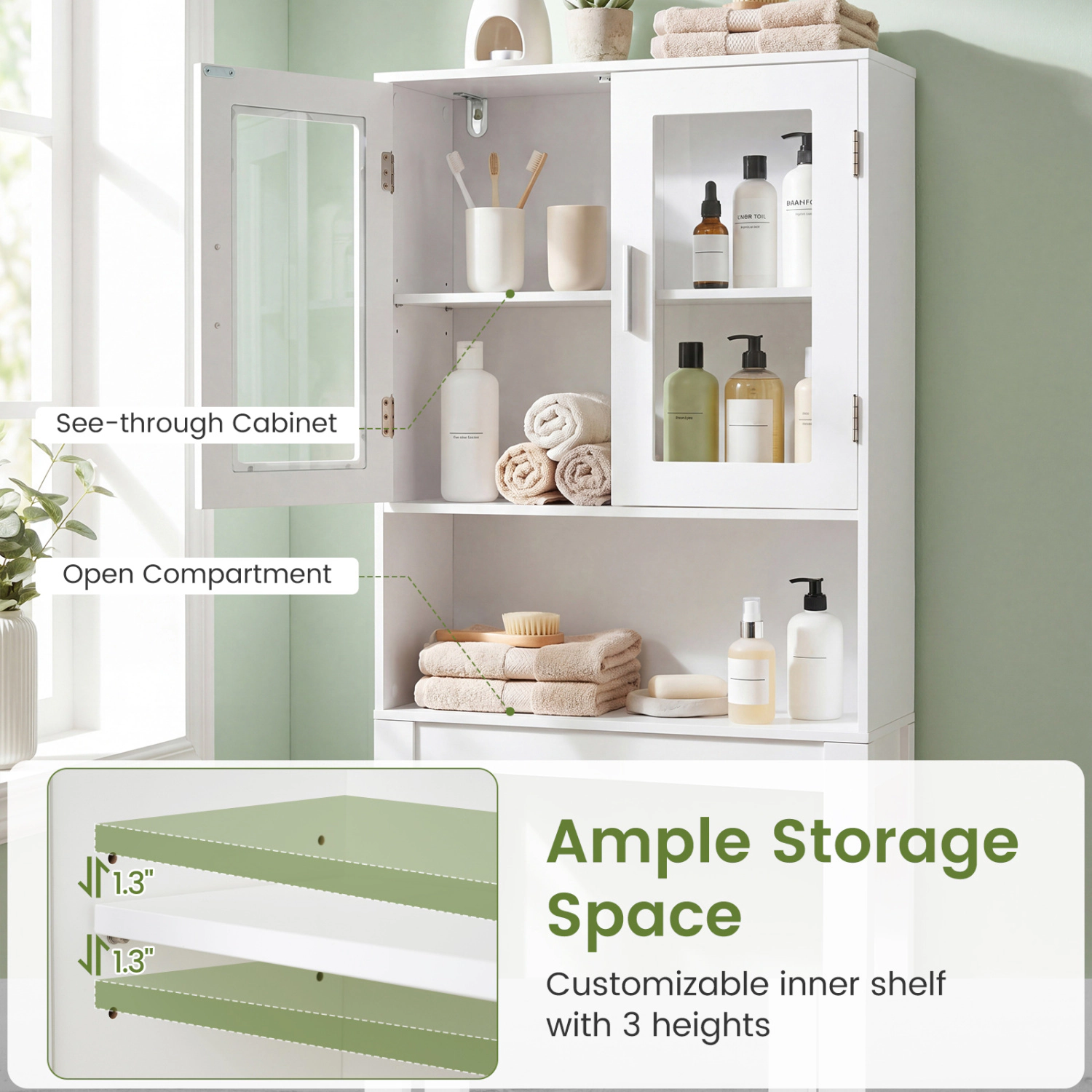 Slickblue Over The Toilet Bathroom Storage Cabinet with Frosted Glass Doors and Shelf