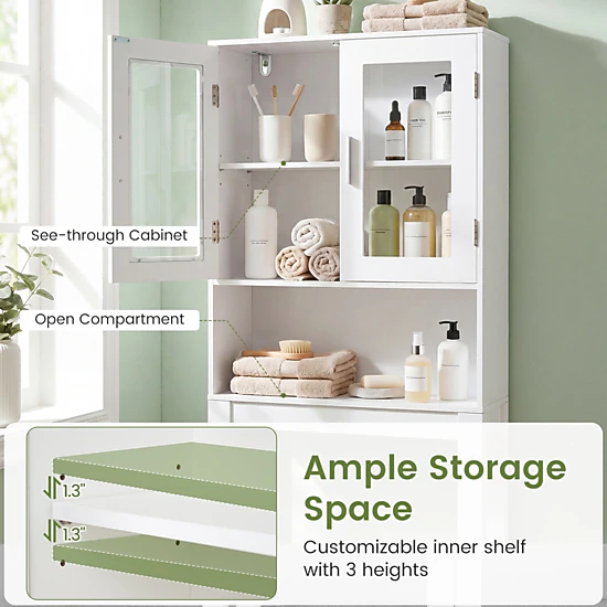 SlickBlue Over The Toilet Bathroom Storage Cabinet with Frosted Glass Doors and Shelf