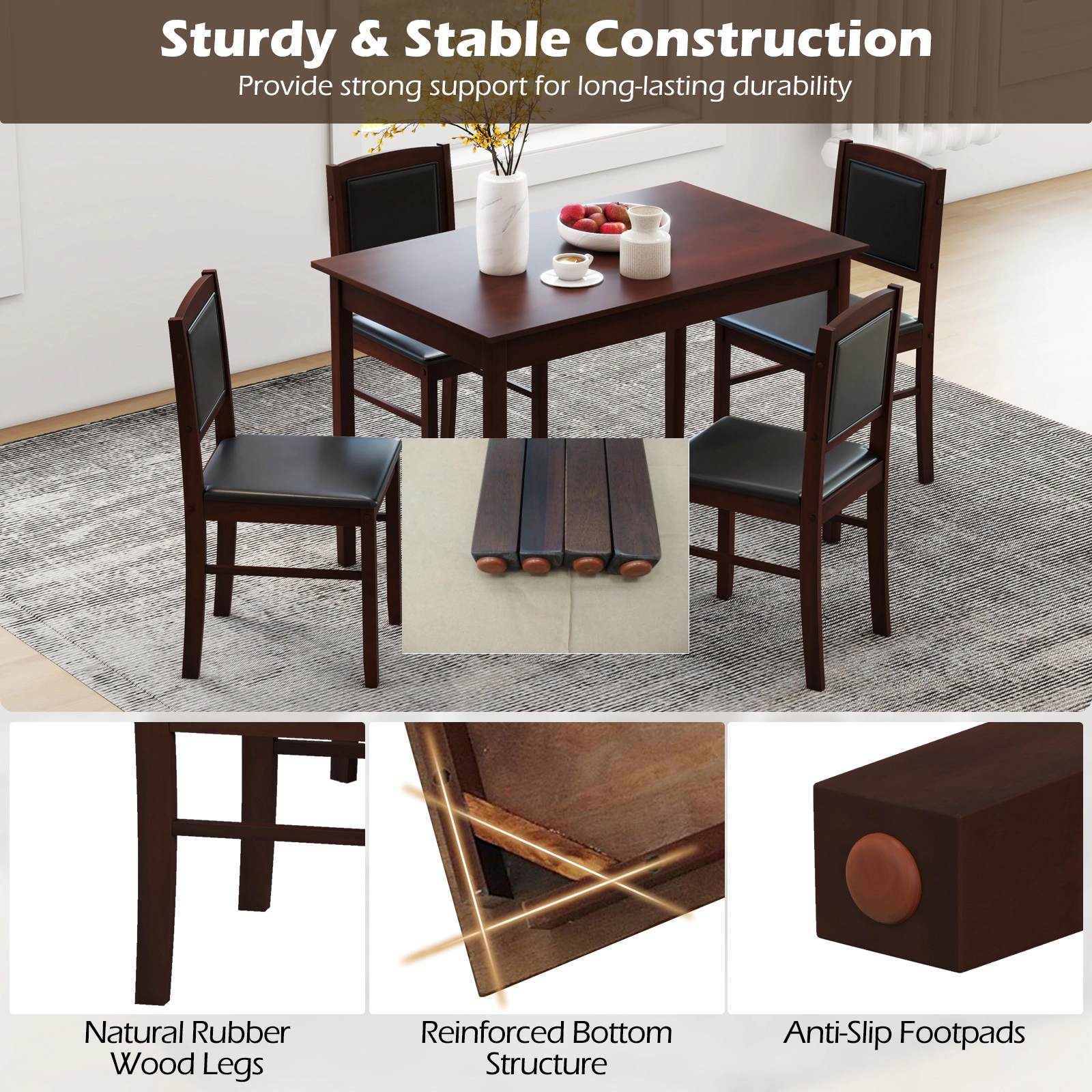 Hivvago 5-Piece Dining Set for 4 with Rubber Wood Legs for Small Dining Room