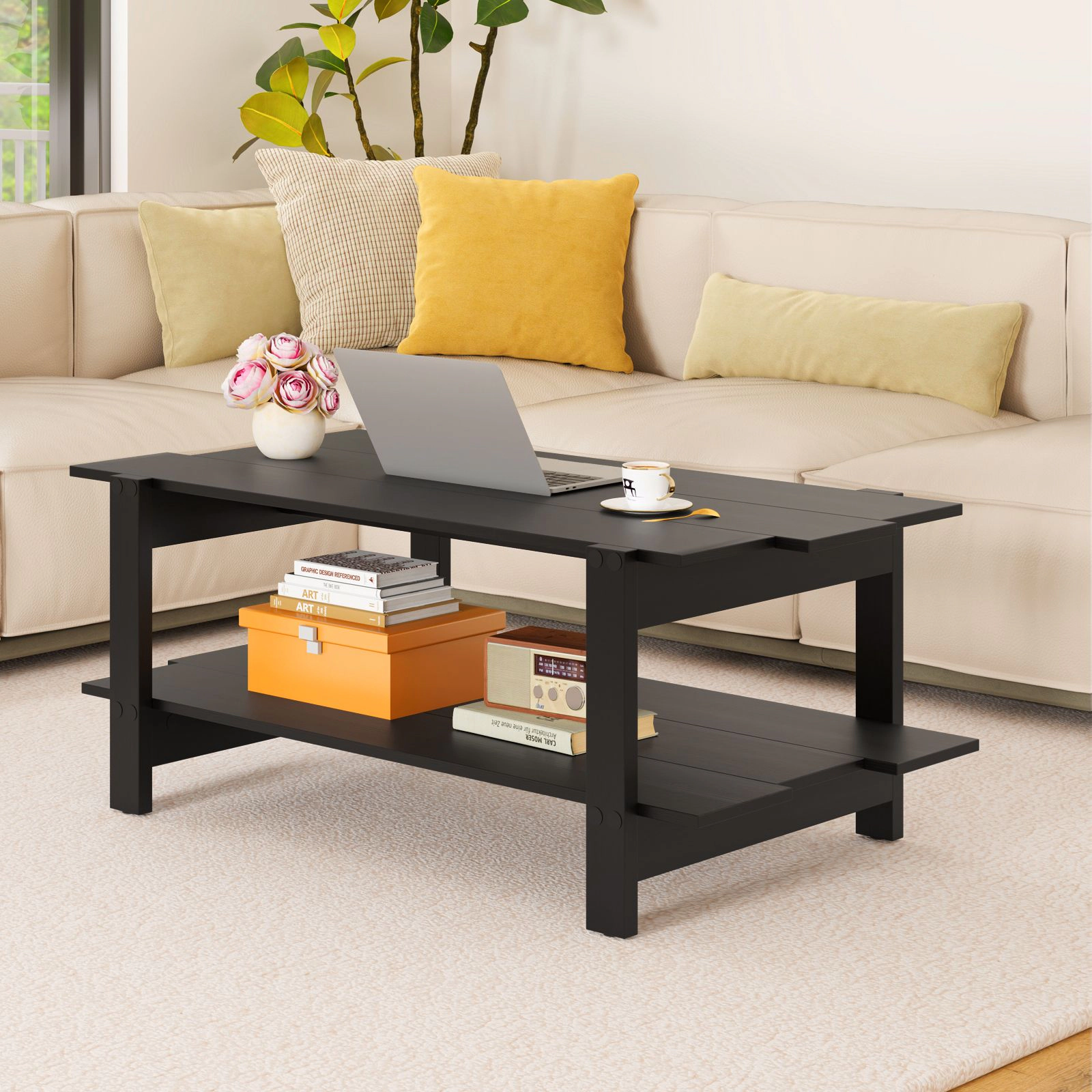 SlickBlue 2-Tier Coffee Table with Wood Slat Storage Shelf