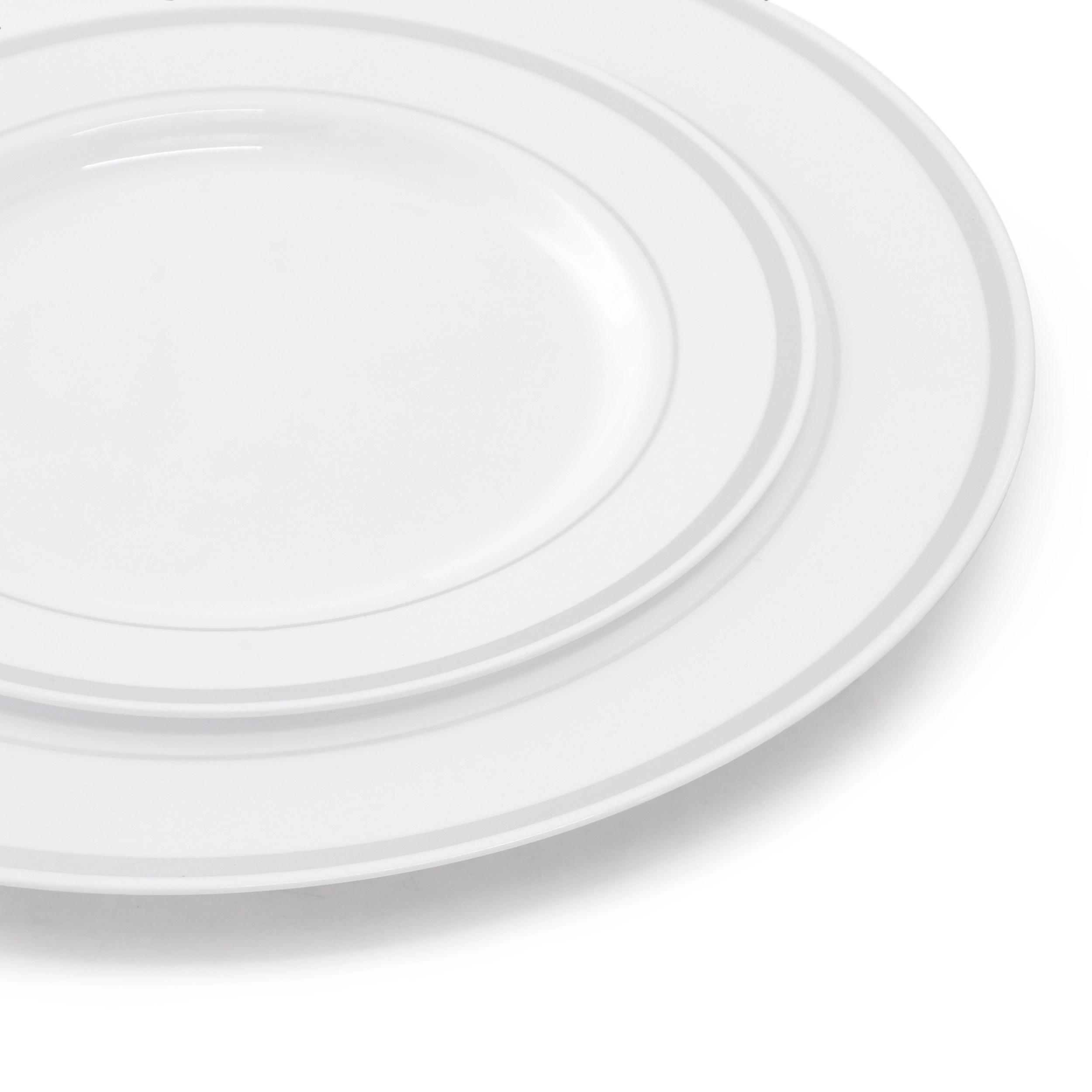 Elama 350 Piece Disposable Plastic Dinnerware Party Set for 50 Guests in White with Silver Trim