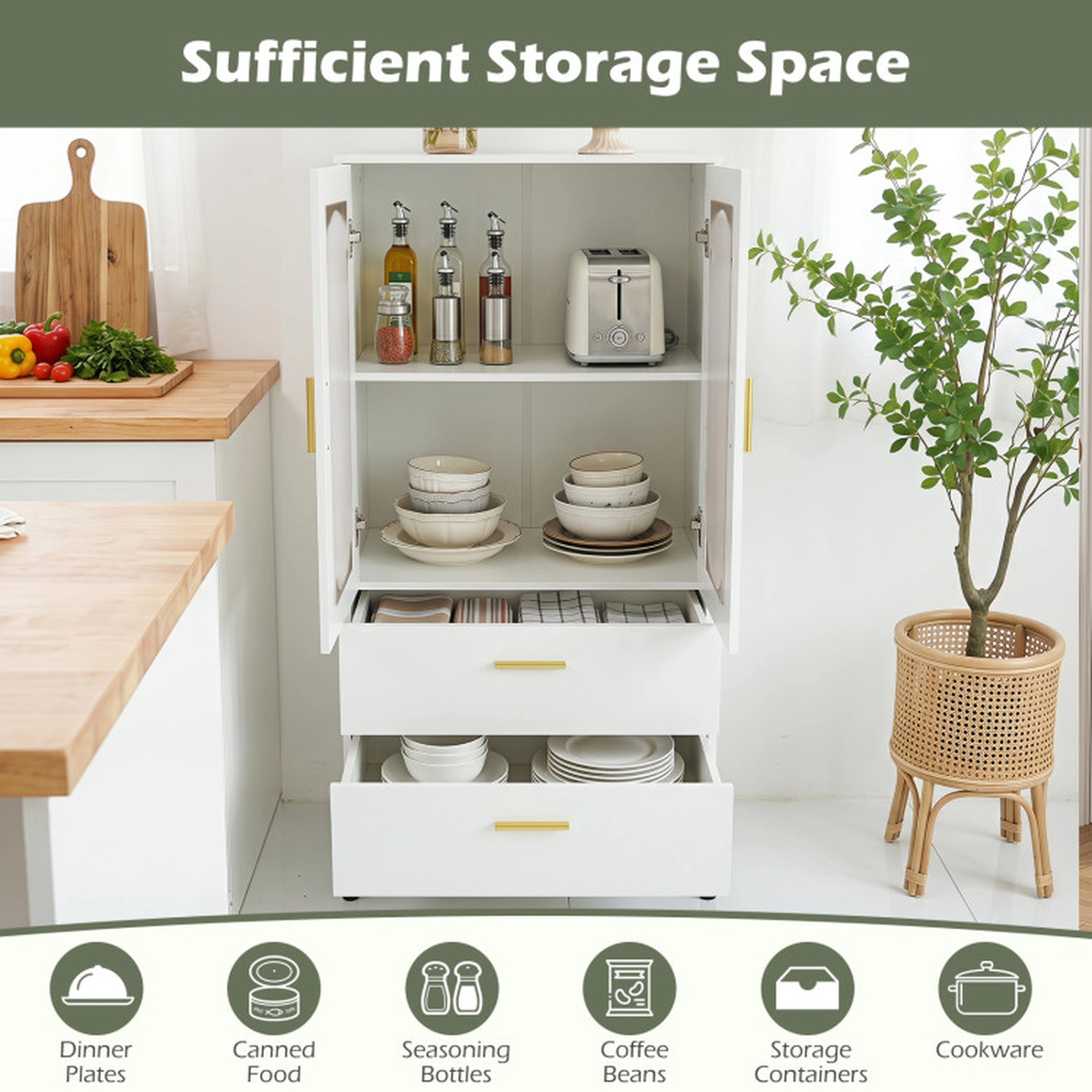 SUGIFT Modern Fluted-Door Sideboard Buffet Cabinet with Drawers and Shelves 47-in Tall 66-lb Top Capacity White