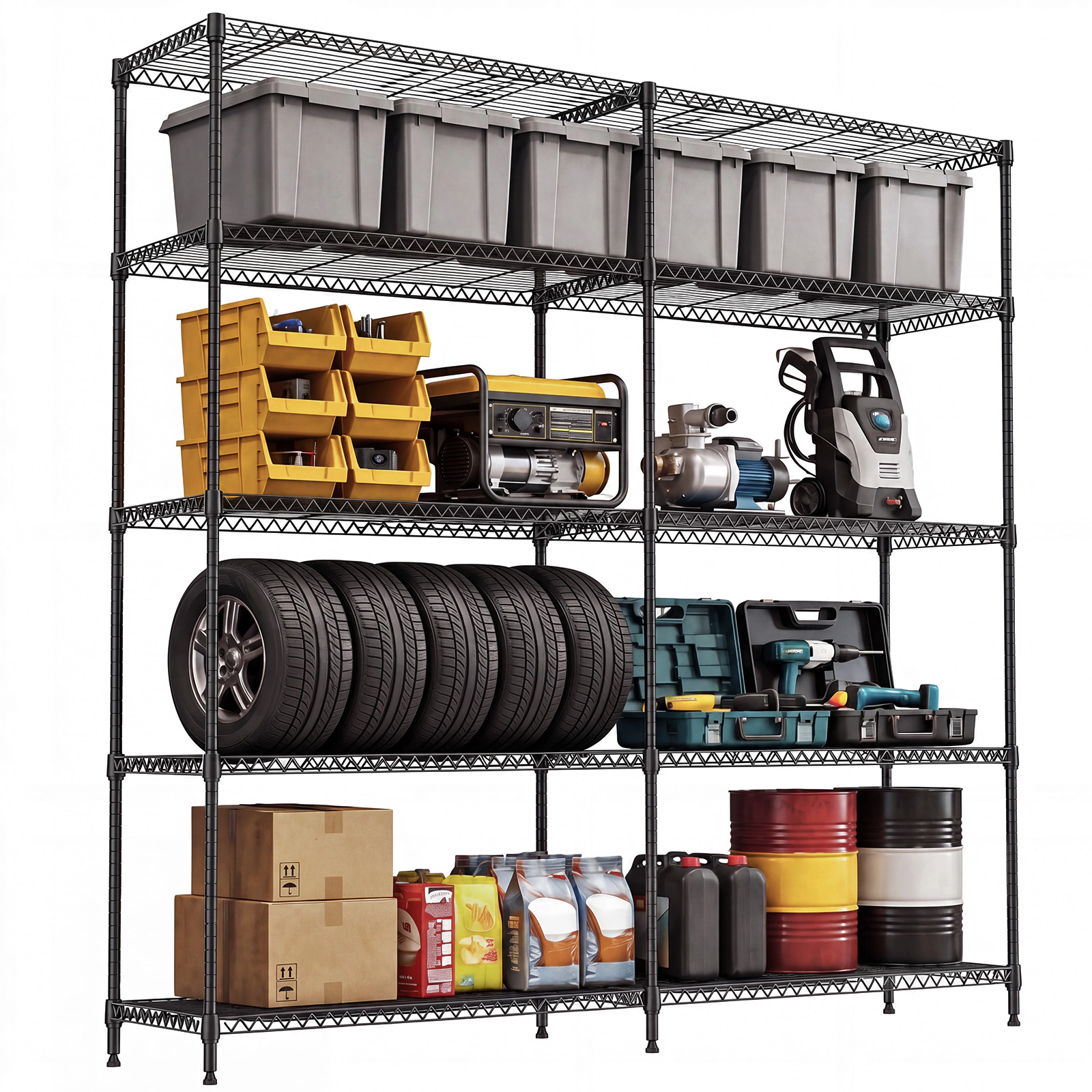 Flynama 5 Tier Wire Shelving 70.5H x 33.5W x 15.8D in 1500LBS Adjustable Garage Unit in Black