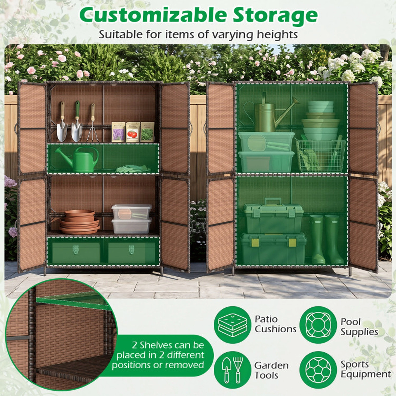 SUGIFT 4-Door Adjustable Shelves Hand-Woven PE Rattan Vertical Storage Shed 35.5-in x 16-in x 58-in 80-lb Shelf Brown