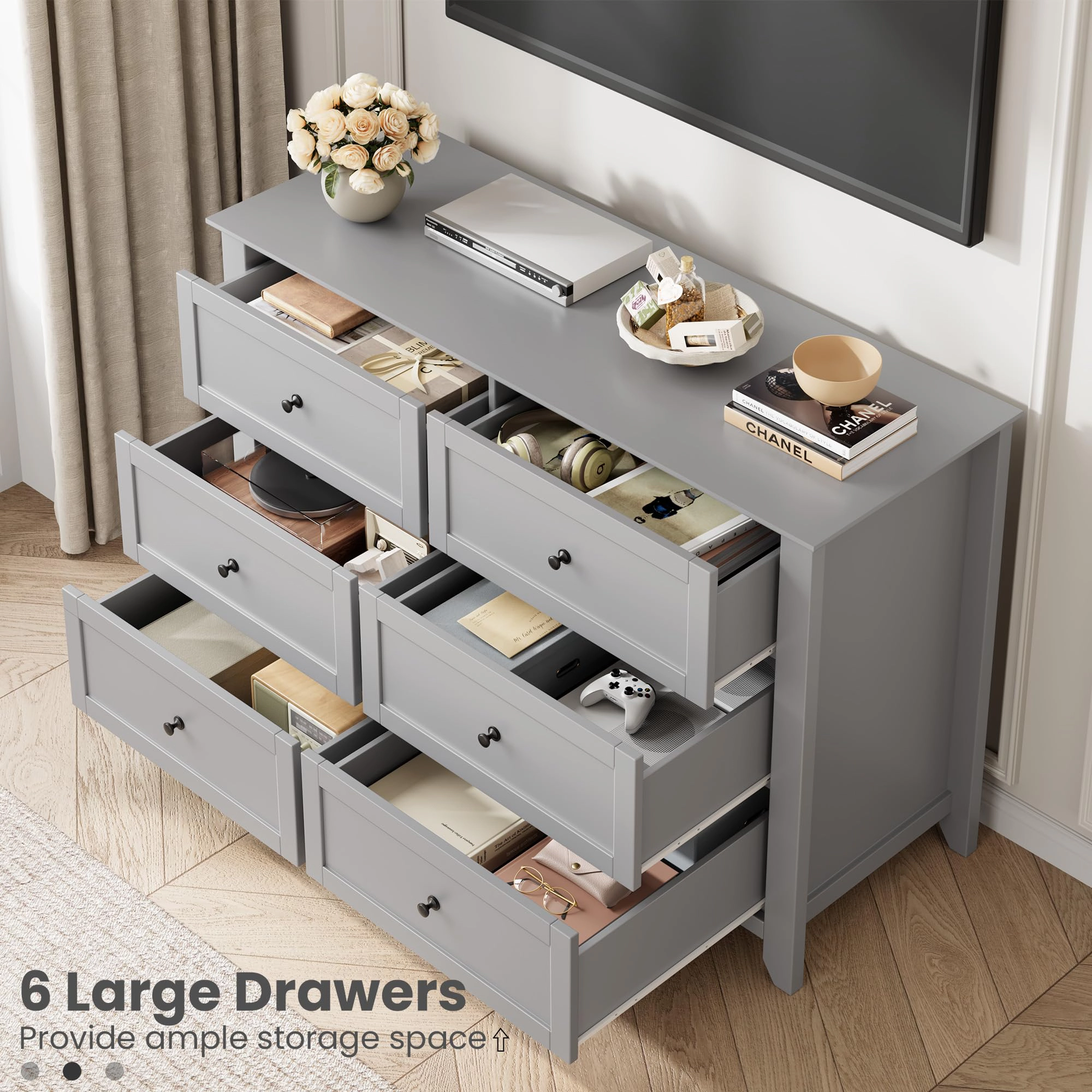 6 Drawer Dresser with Metal Knobs,  54" Wide Wooden Double Storage Chest for Bedroom Entryway Hallway