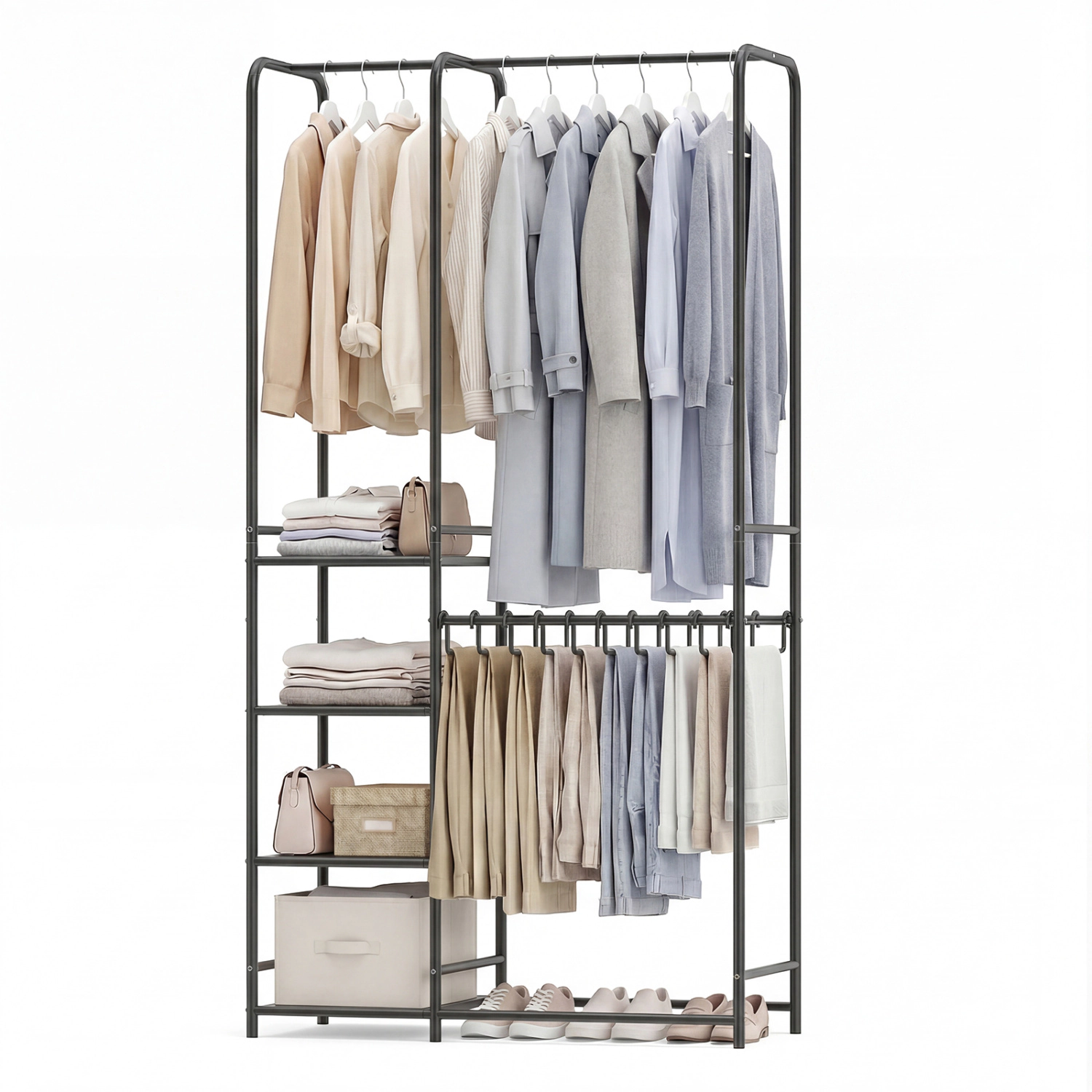Glintex Portable Closet with 2 Rods 10 Pants Hangers and 4 Storage Shelves