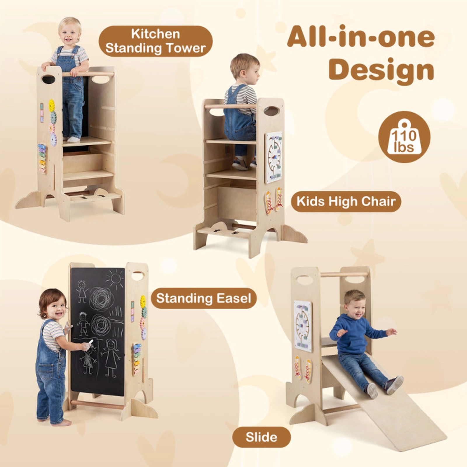 SUGIFT Kids Standing Tower Natural with Detachable Chalkboard and Montessori Games