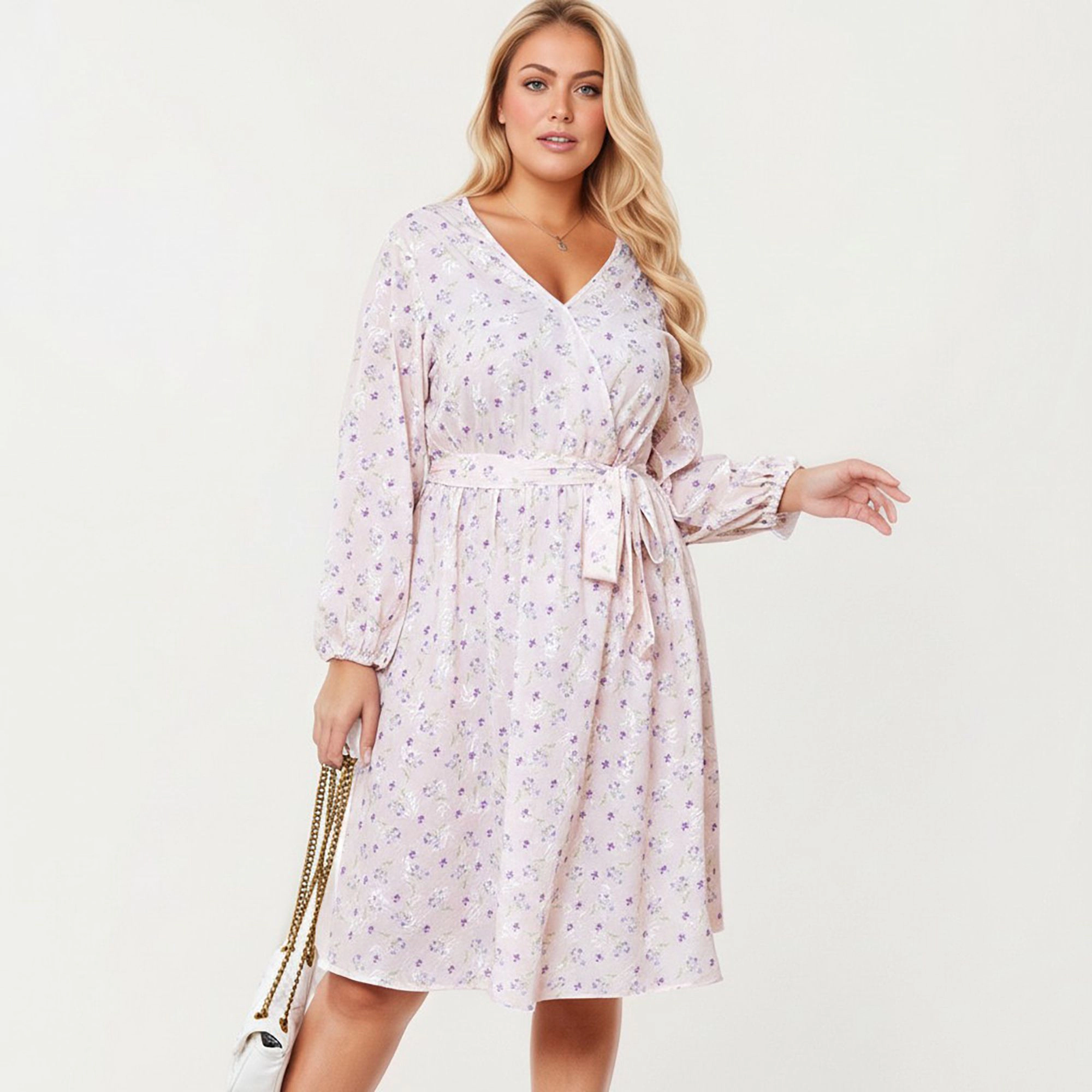 Anna-Kaci Women's Plus Floral Print Long Sleeve Wrap V Neck Adjustable Waist Tie Midi Dress