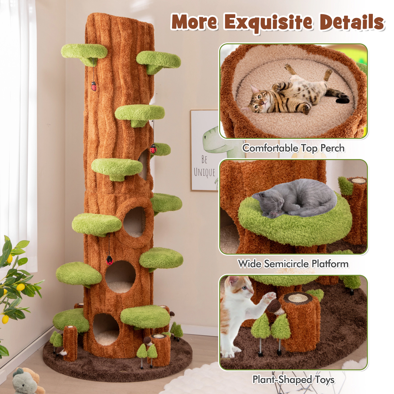 Glintex 90.5-Inch Multifunctional Cat Tree with Private Condos and Sisal Panel, Brown