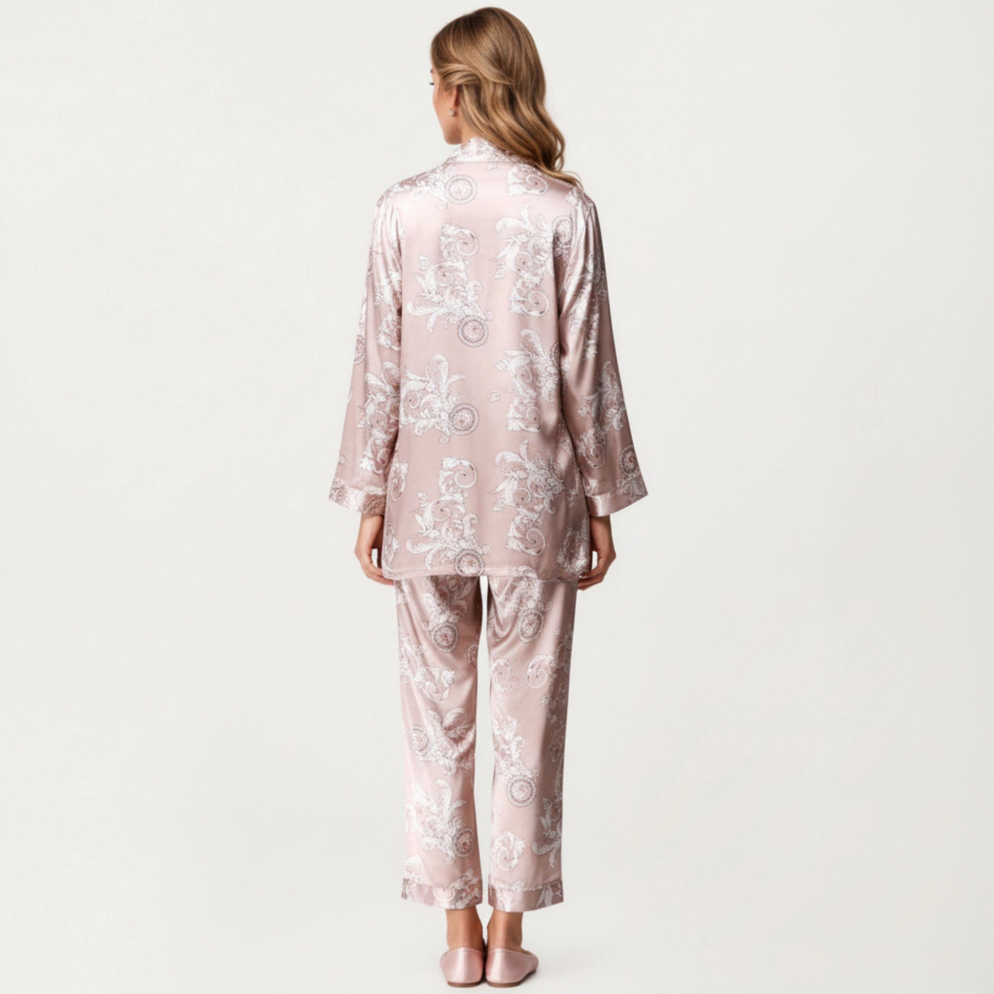 Anna-Kaci Women's 3-Piece Satin Baroque Print Pajama Cami with Matching Robe and Relaxed Straight Leg Pants