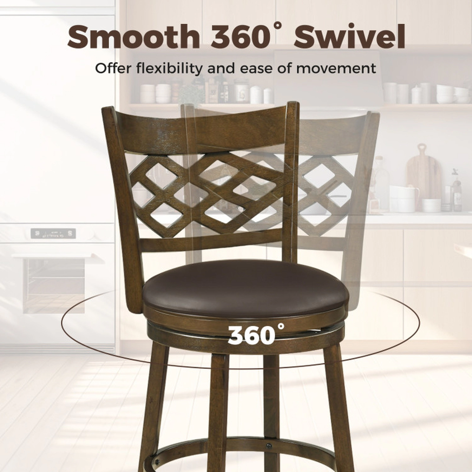 SUGIFT Round PVC Leather Seat and Rubber Wood Frame Set of 2 Brown Swivel Bar Stools