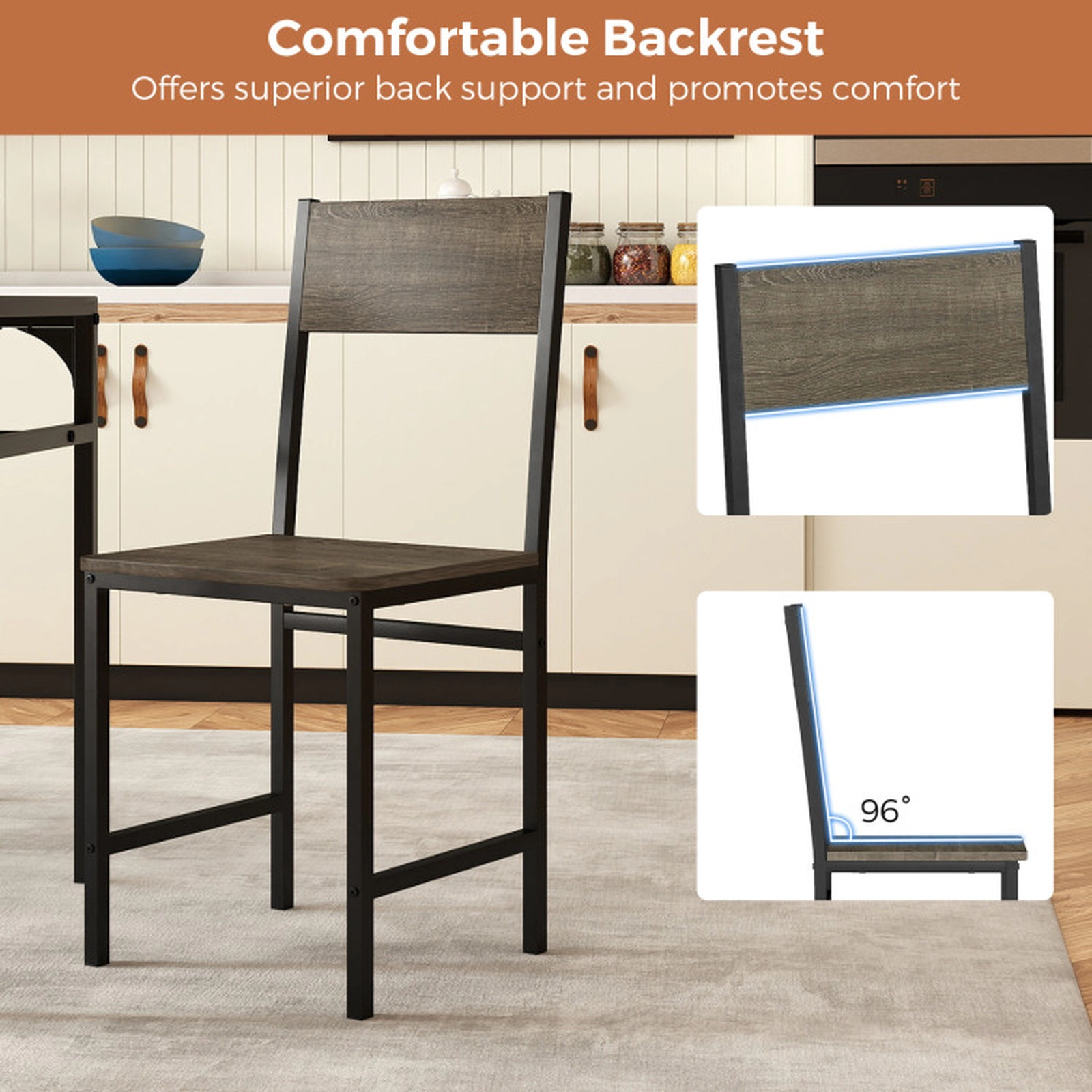 SUGIFT Set of 4 Dining Chairs Metal Legs & Slanted Back 300-lb Capacity 17.5 x 16 x 34-in Frame 16 x 16-in Seat Gray