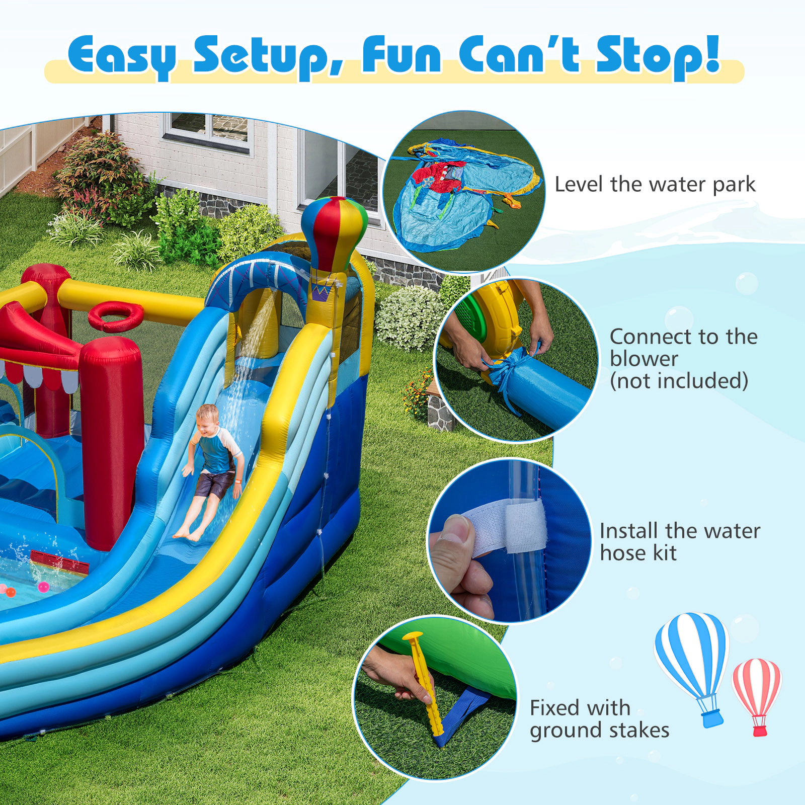 Hivvago Inflatable Water Park with Splash Pool and Water Cannon for Birthday Party Without Blower