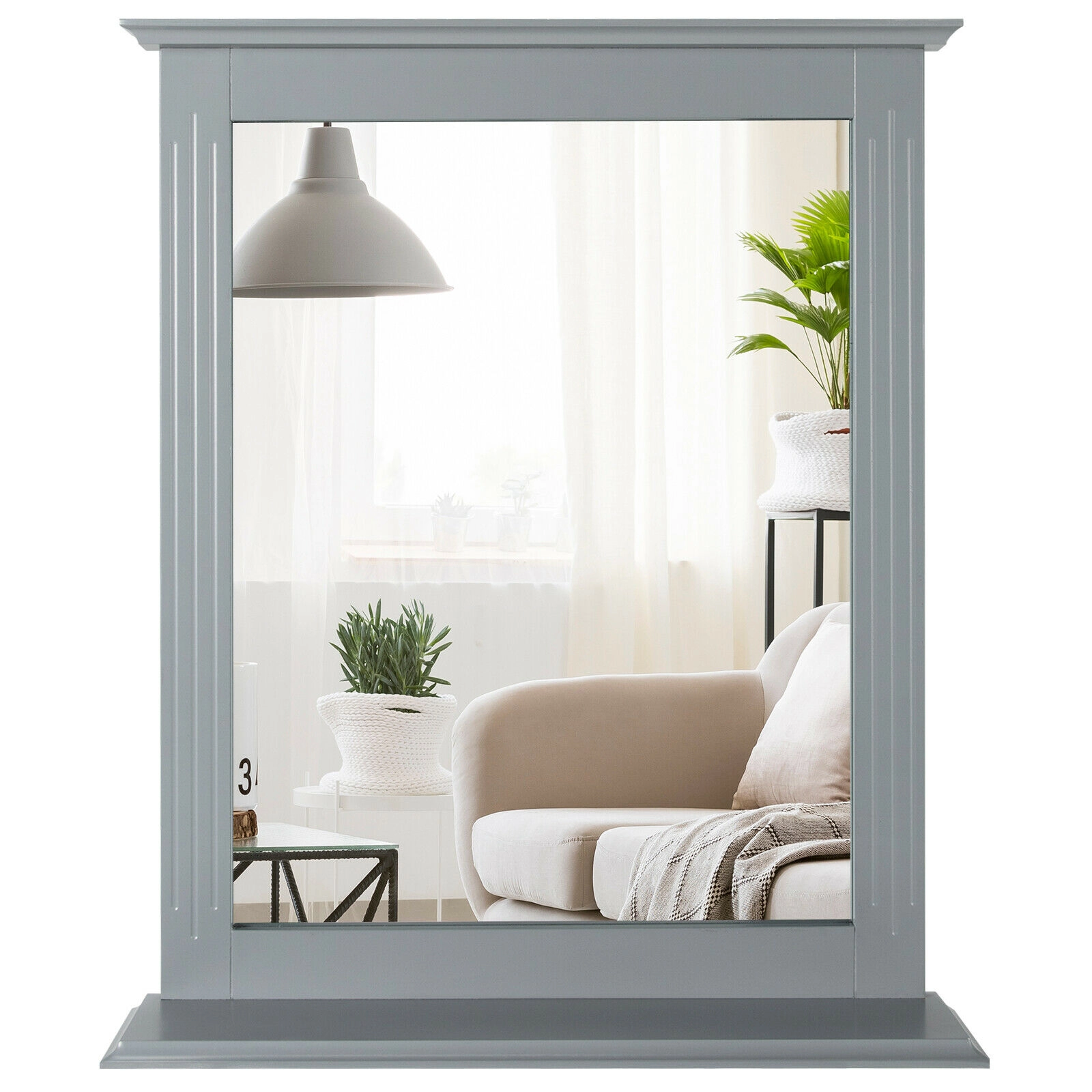 SUGIFT Gray 22.5-in x 27-in Wall Mounted Bathroom Vanity Mirror with Shelf and Grooved MDF Frame