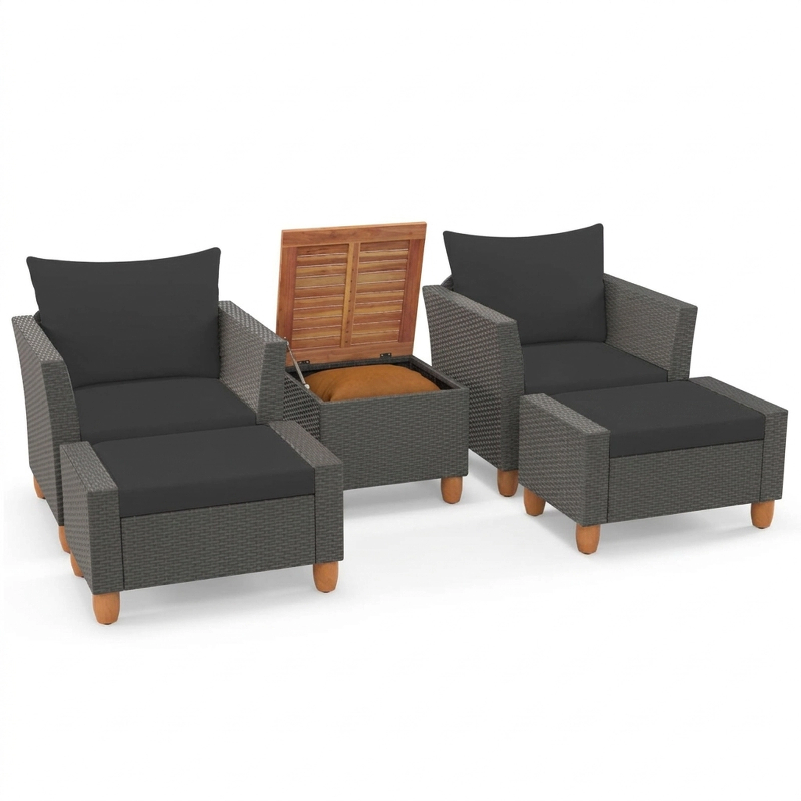 SUGIFT 5-Piece Black Patio Rattan Sofa Set with Storage Table and 2 Ottomans 15.5-in Seat H 400-lb Chair Capacity