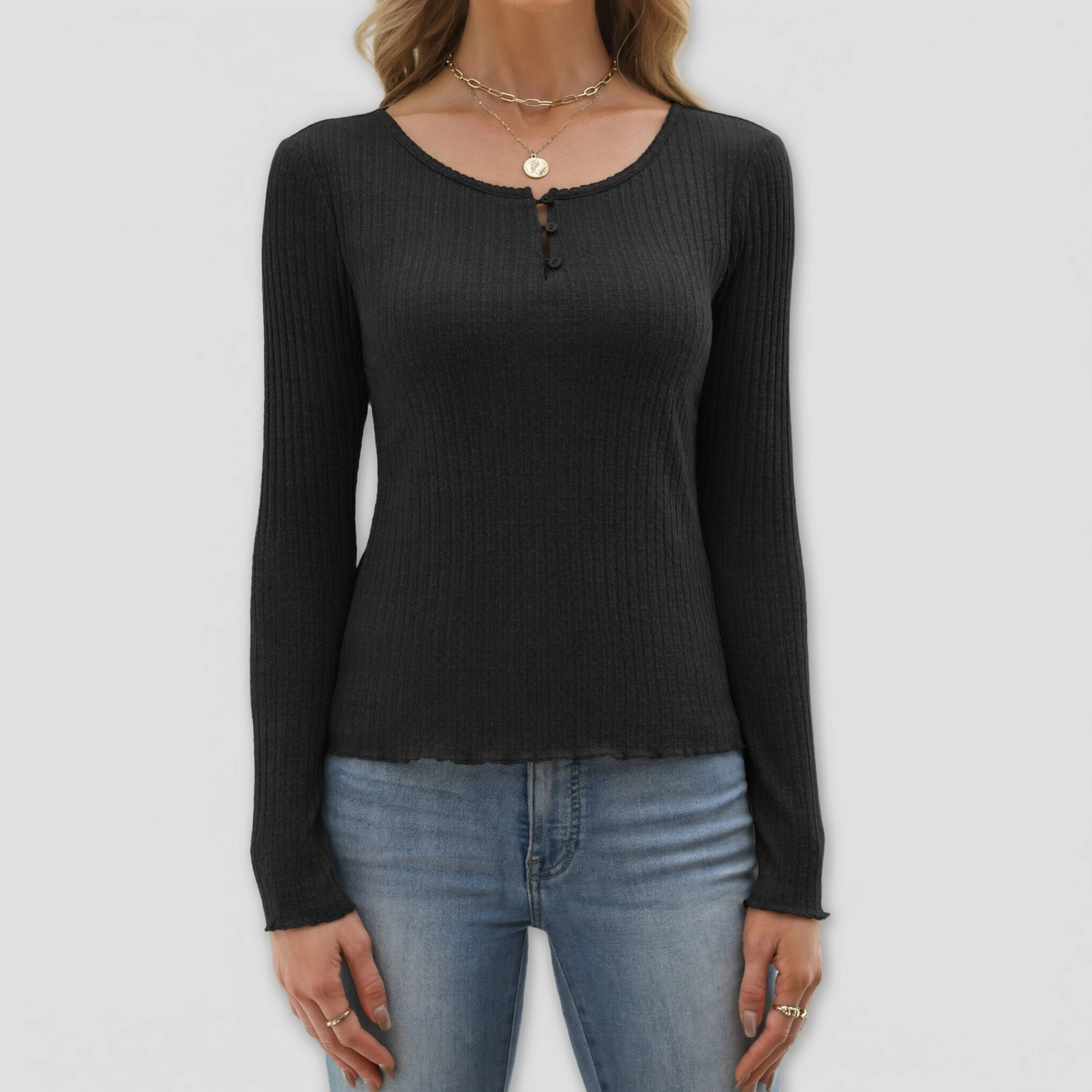 Zeagoo Women's Ribbed Waffle Henley Scalloped Edge Long Sleeve Fitted Knit Pullover