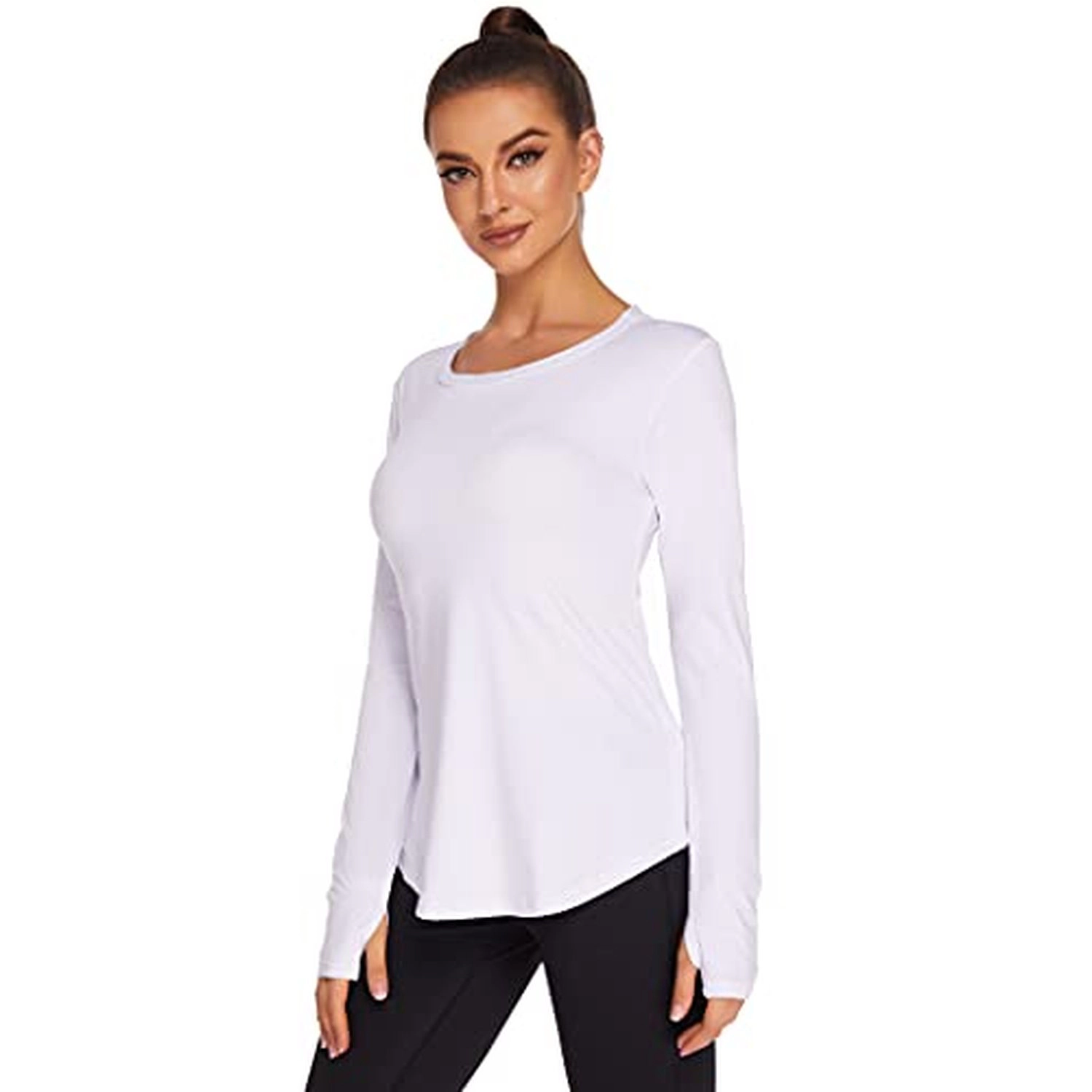 Pinspark Women's Long Sleeve Crew Neck Athletic T-Shirt with Thumb Holes