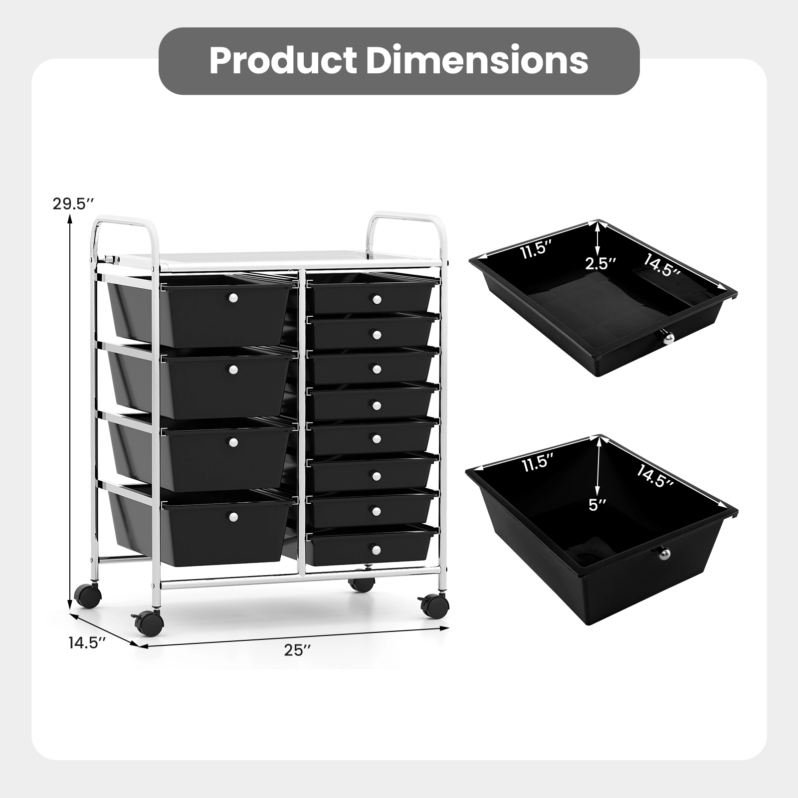 SUGIFT Black 12-Drawer Rolling Utility Cart with Punched Top Lockable Swivel Casters and Removable Drawers