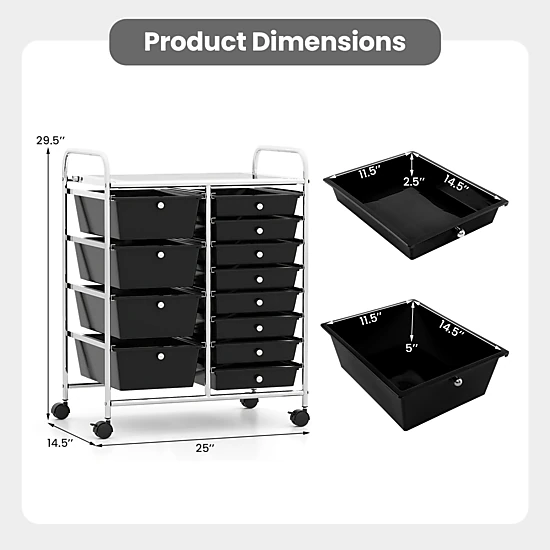 SUGIFT Black 12-Drawer Rolling Utility Cart with Punched Top Lockable Swivel Casters and Removable Drawers