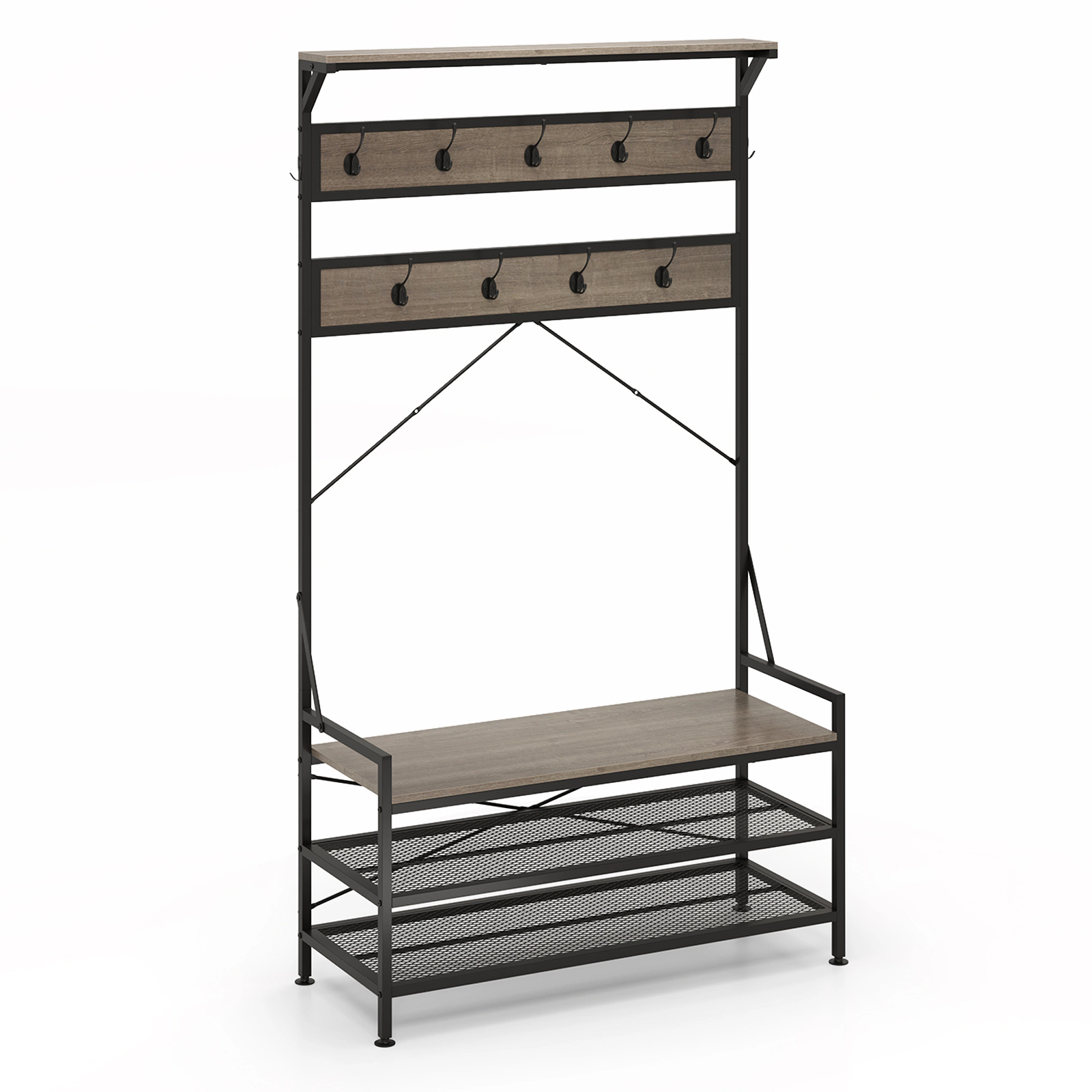 SUGIFT 4-in-1 Hall Tree Gray with 11 Hanging Hooks Shoe Bench and Metal Shelves