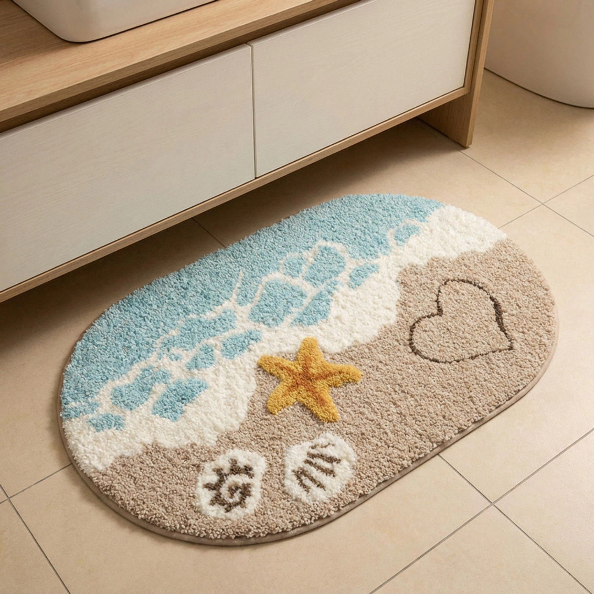 Alilang Unisex Beach Inspired Tufted Bathroom Bath Mats Set with Seashell Starfish Pattern Soft Plh Texture 2 Piece Set