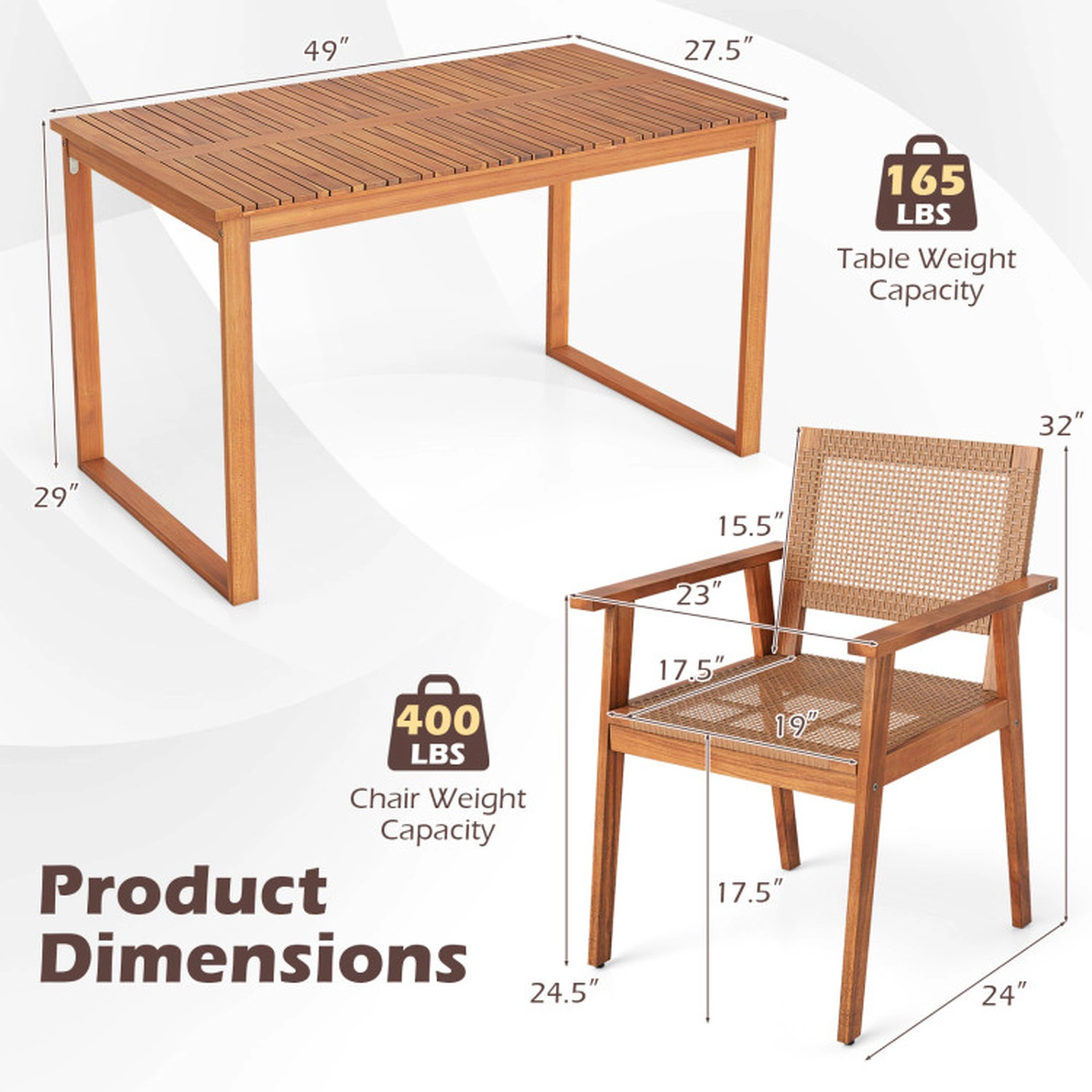 SUGIFT 5-Piece Natural Acacia Wood and PE Rattan Outdoor Dining Set with 49-Inch Table